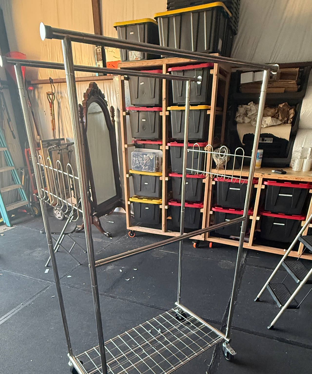 Double Rail Rolling Garment Rack with Bottom Shelf