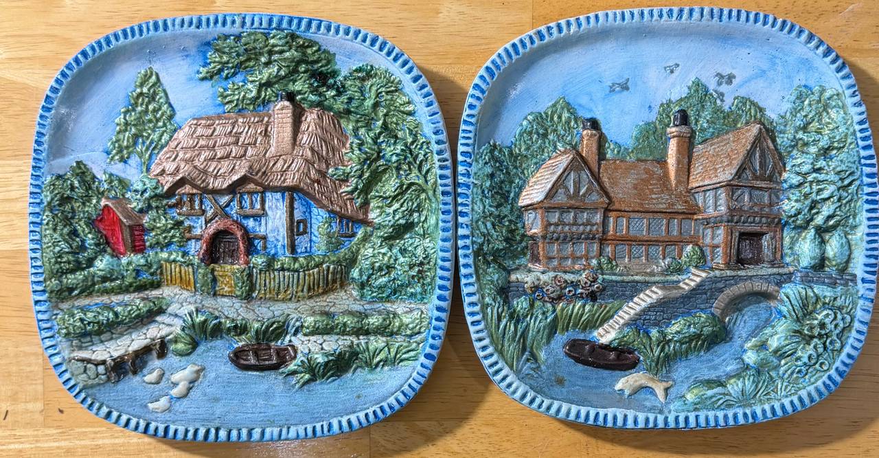 Set of 2 Vintage Raised Relief Wall Plates Cottage & Tudor House Rustic Decor