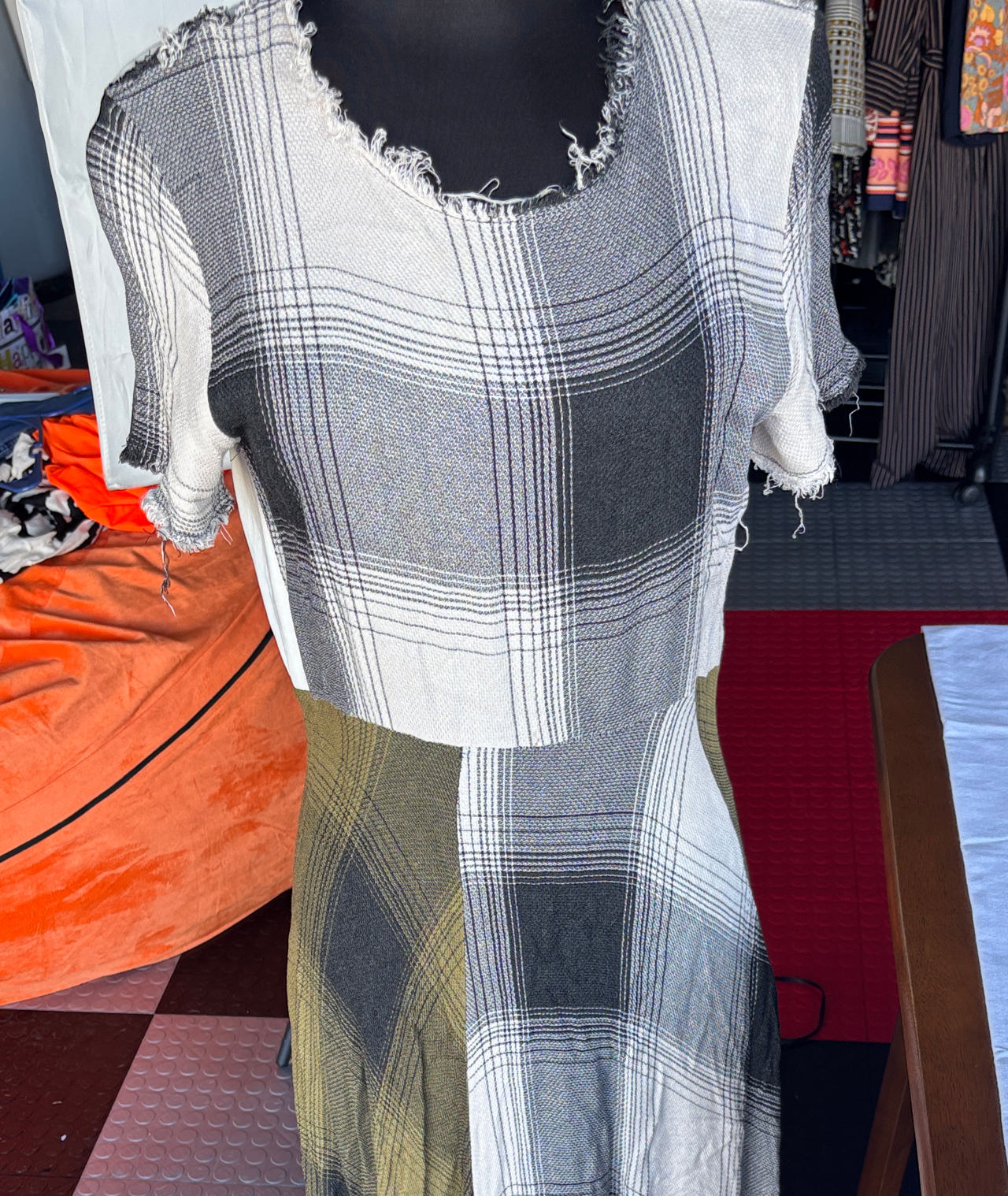 Zaba Plaid Mixed Print Raw Edge Dress