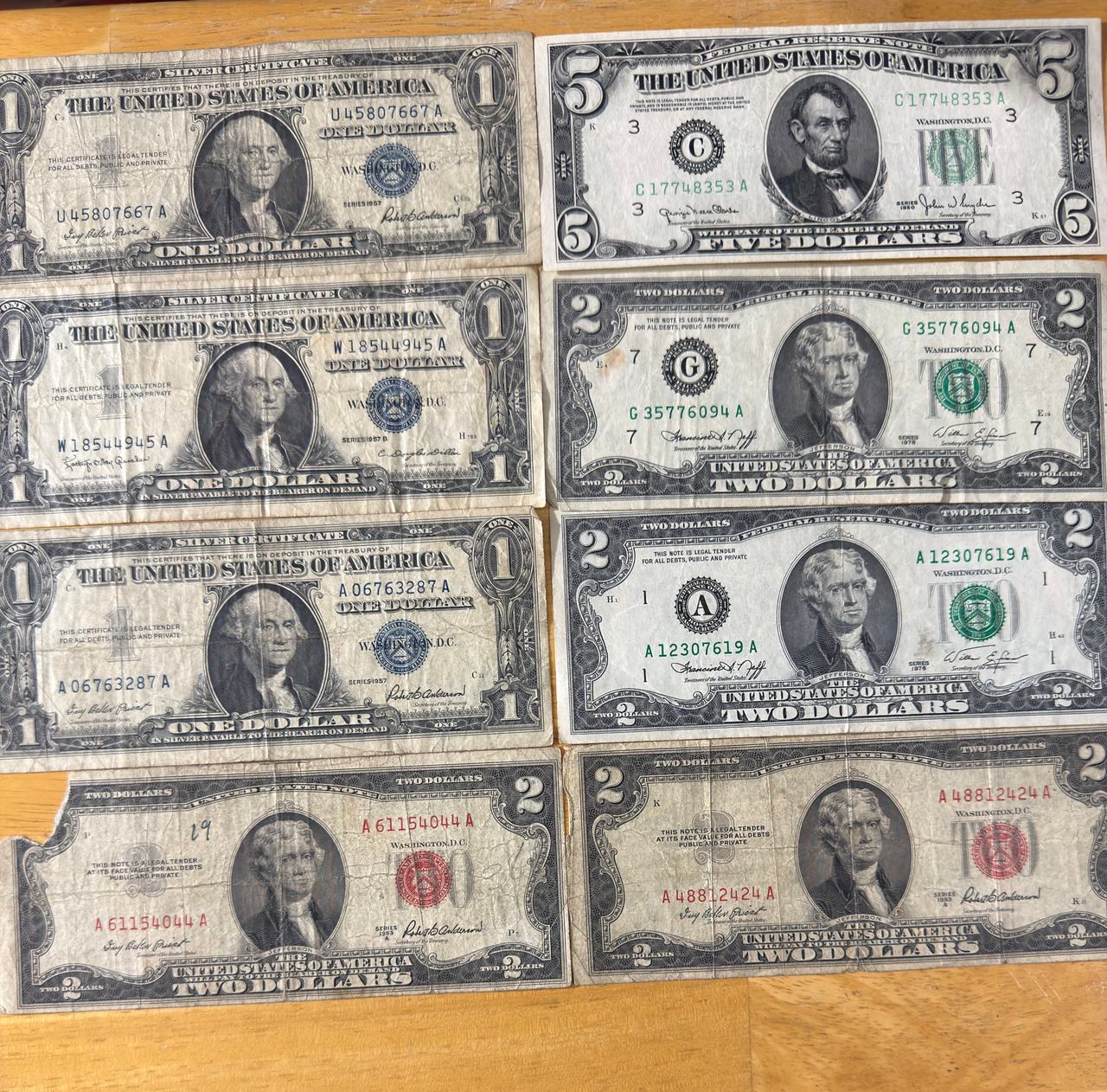 Lot of Vintage $1, $2, and $5 Red and Blue Seal Notes