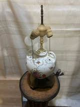 Vintage Floral Porcelain And Brass Table Lamp with Double Pull Chain - Image 1