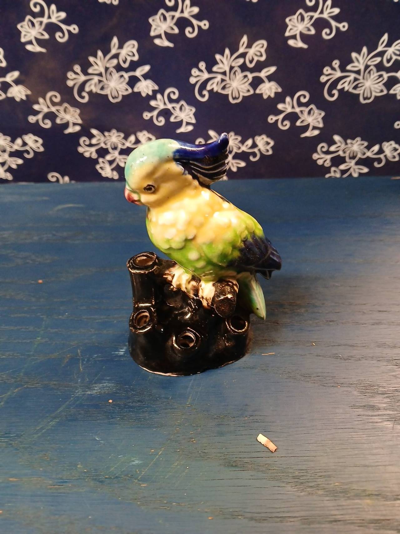 Vintage Ceramic Parrot Flower Frog Figurine