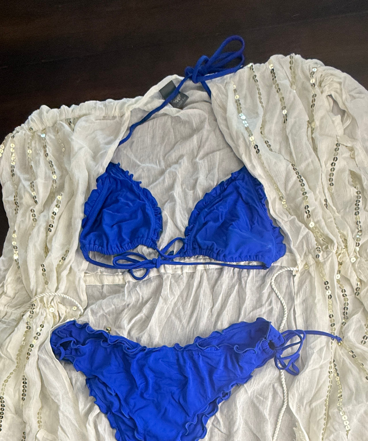 Victoria's Secret Ruffle Triangle Bikini Set and Vince Camuto Coverup Large