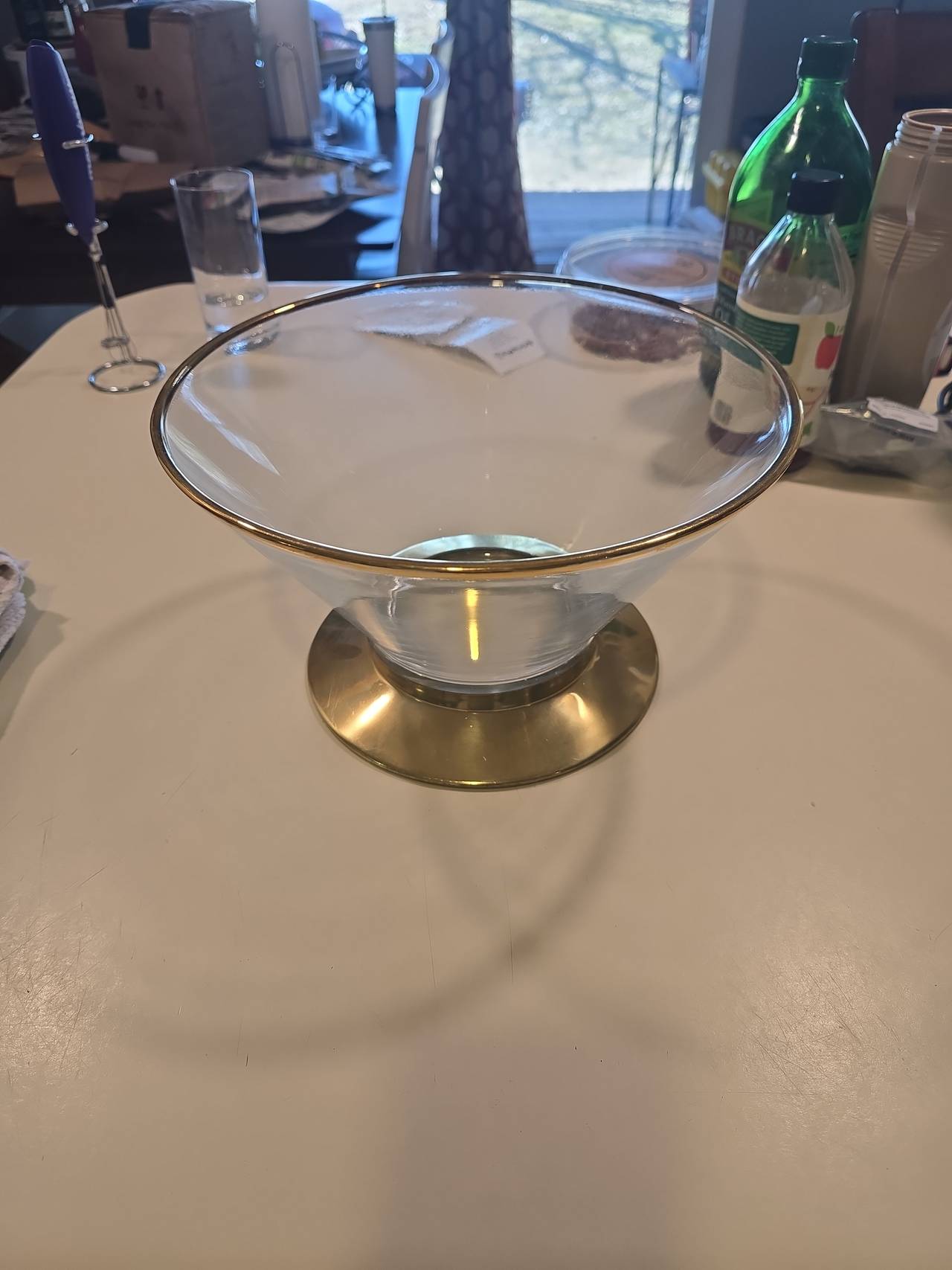 Vintage Glass Bowl with Brass Pedestal Base and Gold Rim