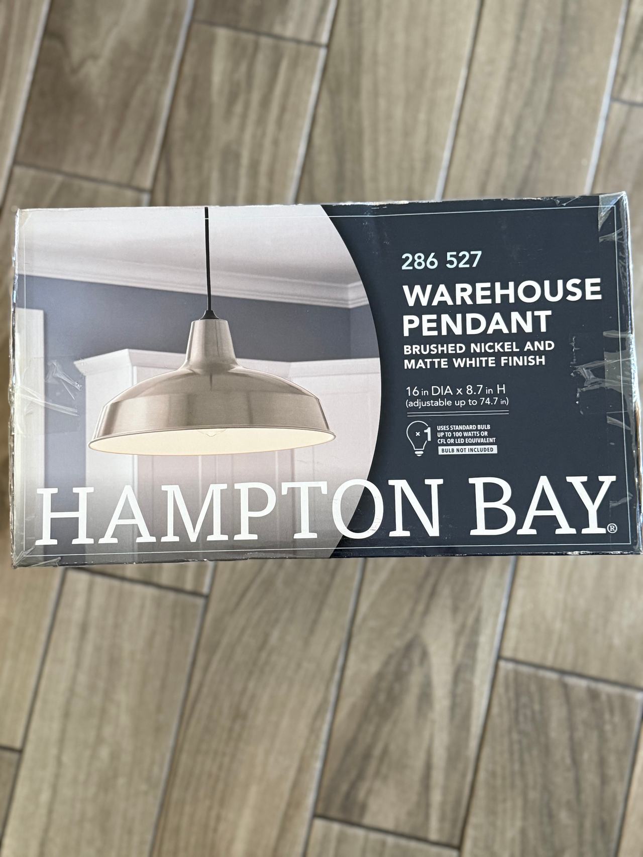 NEW Hampton Bay 16 in. Brushed Nickel Warehouse Pendant Light