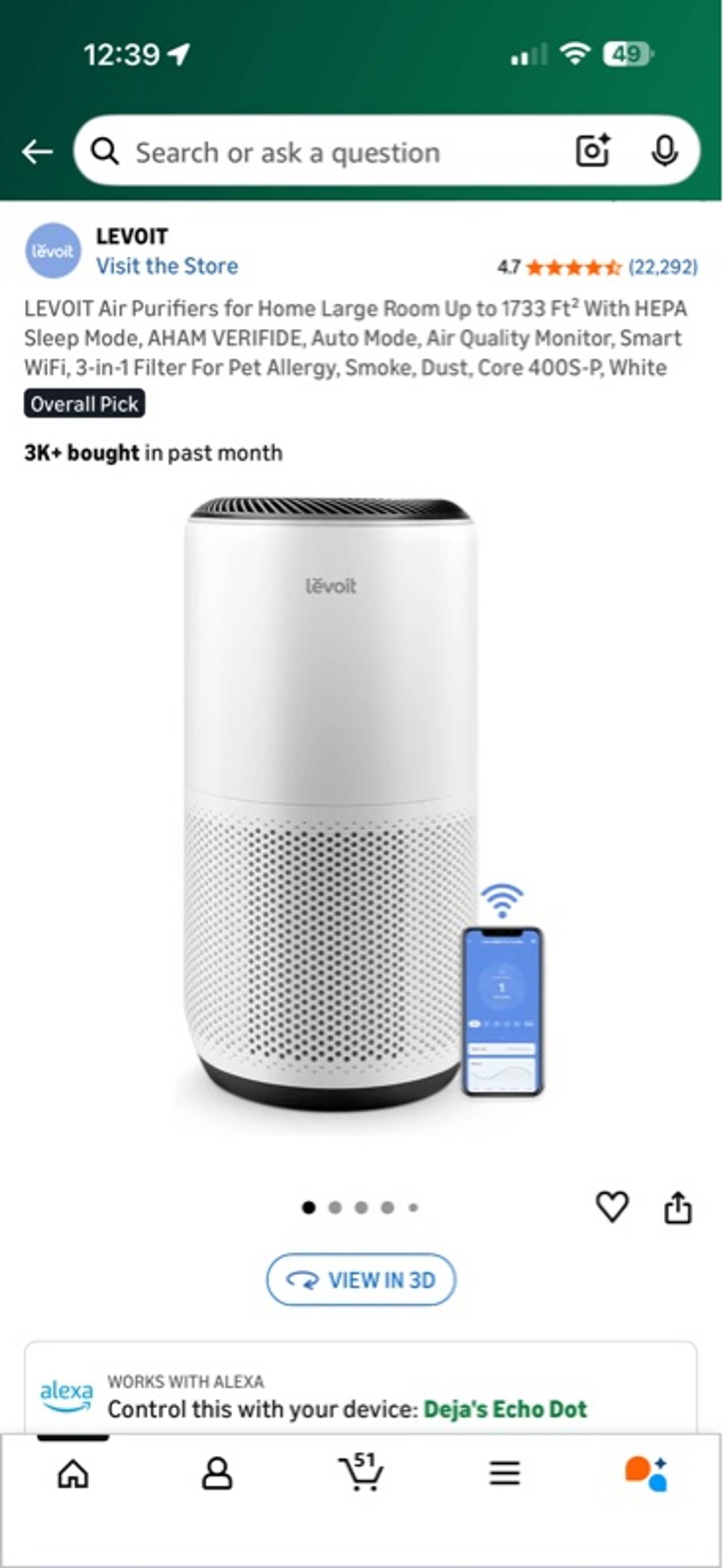 Levoit core 400S-P Smart Air Purifier White
