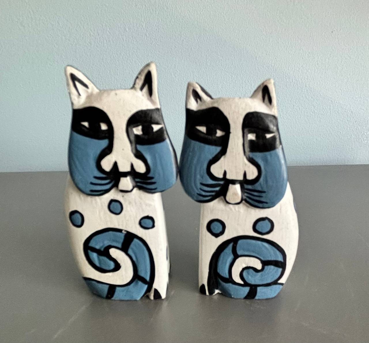 Hand Carved Wooden Cat Figurines Set of 2