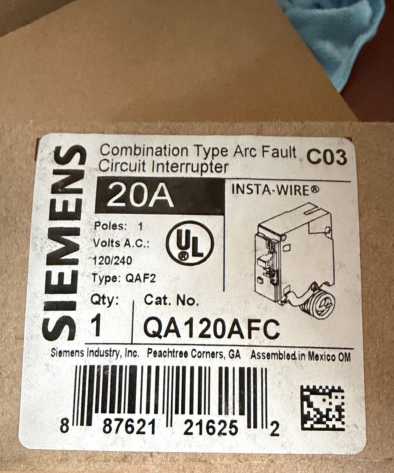 Siemens 20 Amp Single Pole AFCI Circuit Breaker