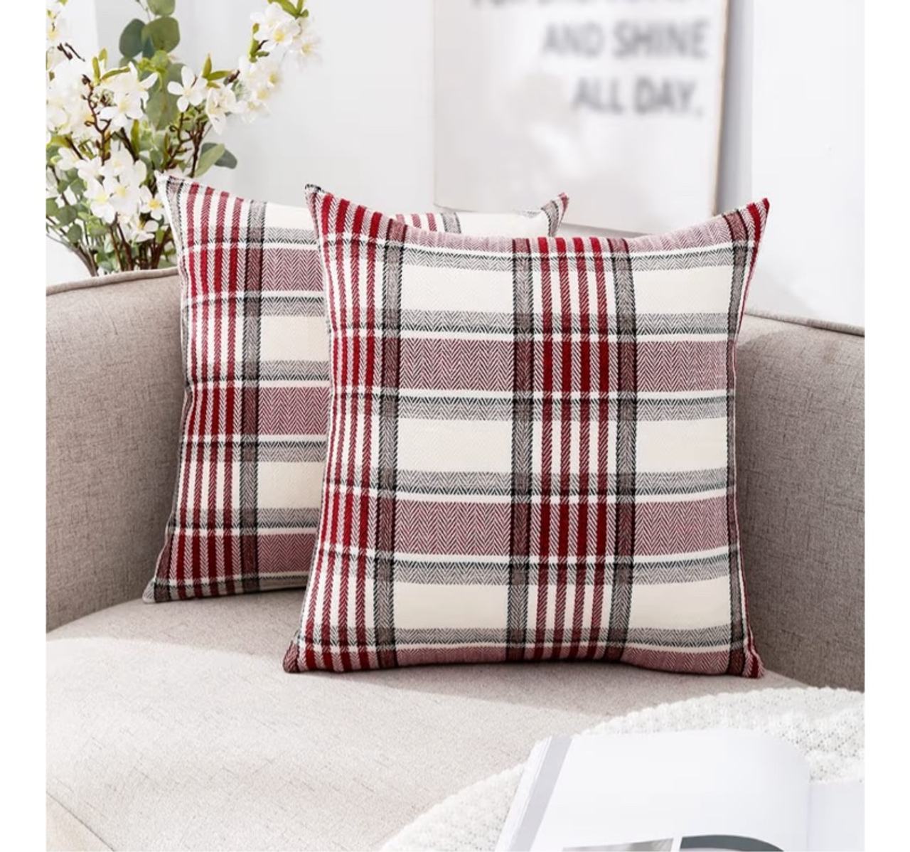 CARRIE HOME Red Tartan Plaid Pillow Covers 18x18, Set of 2, Buffalo Plaid Red