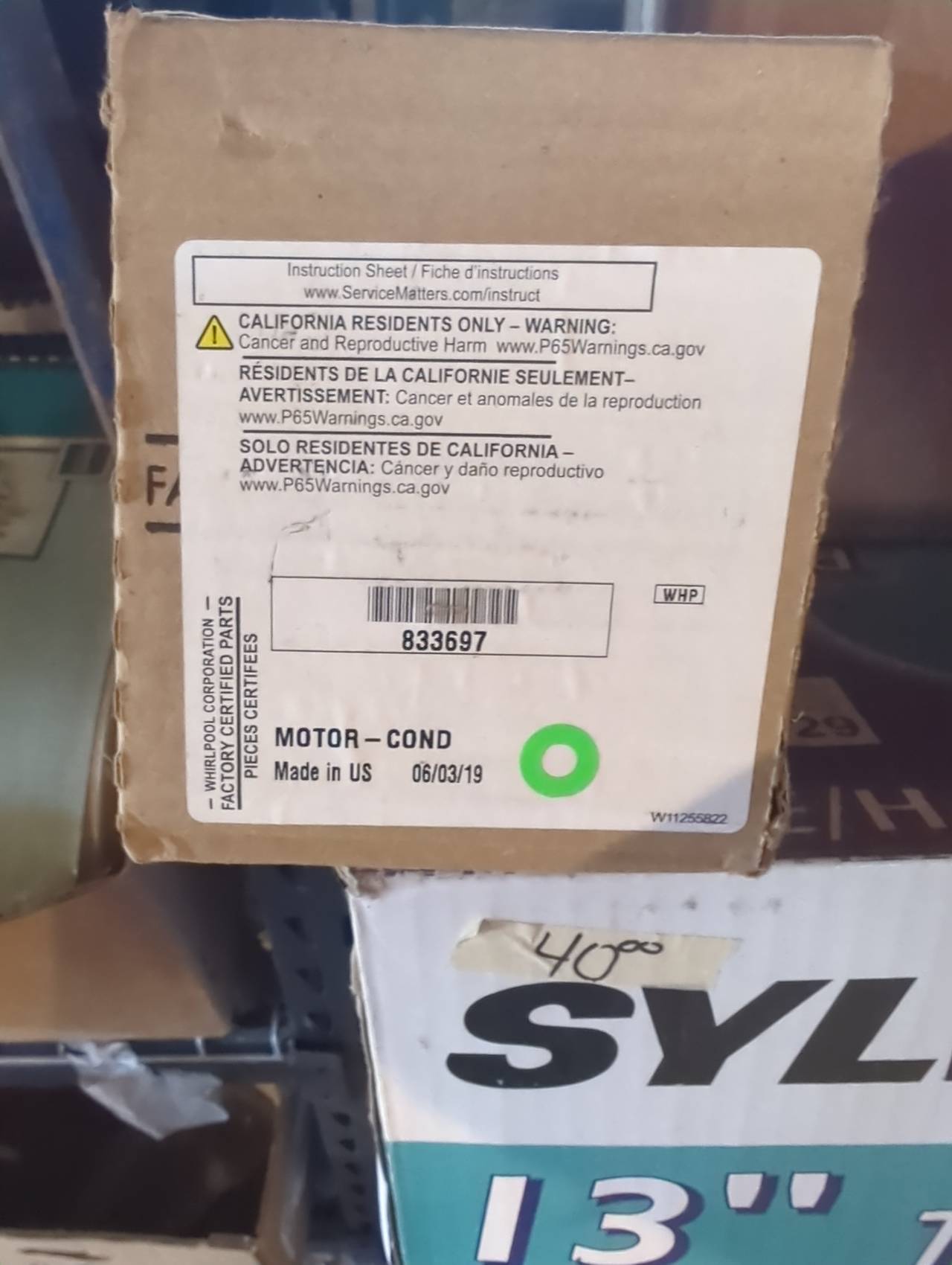 Whirlpool 833697 Condenser Fan Motor