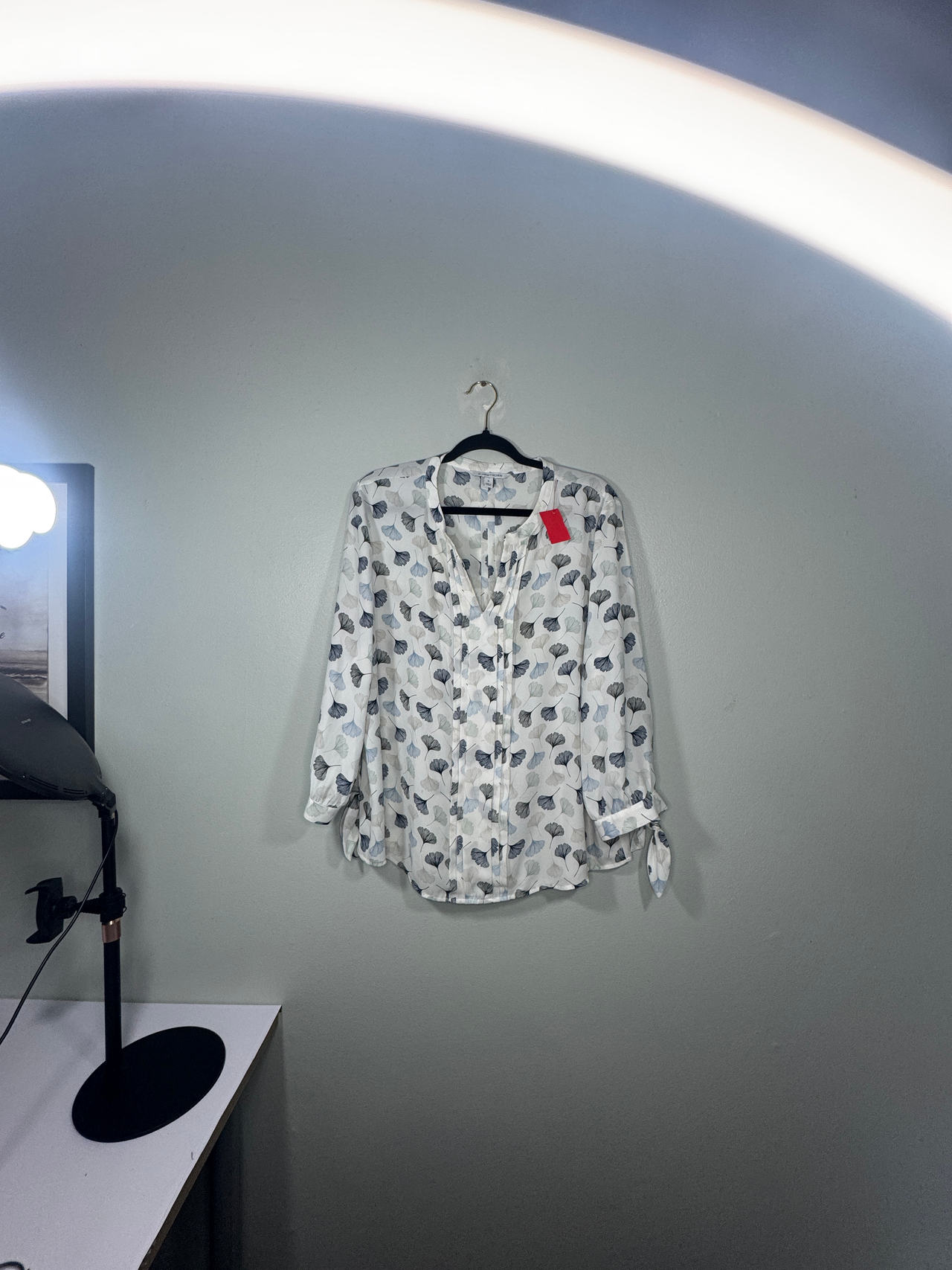 41 Hawthorne XL Women's Button-Up Blouse V Neck Tie Sleeve Accent Semi Sheer 