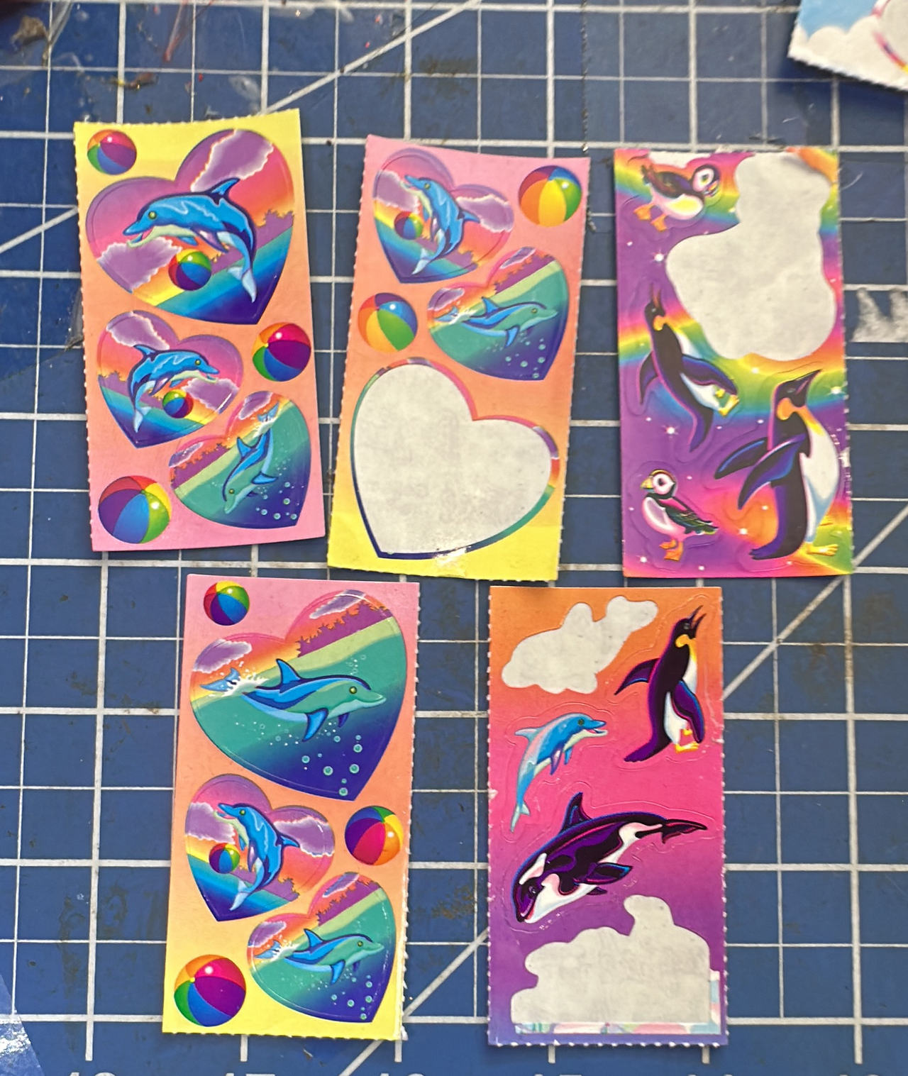 Lisa Frank vtg Dolphin Penguin Whale stickets, 5 sheets
