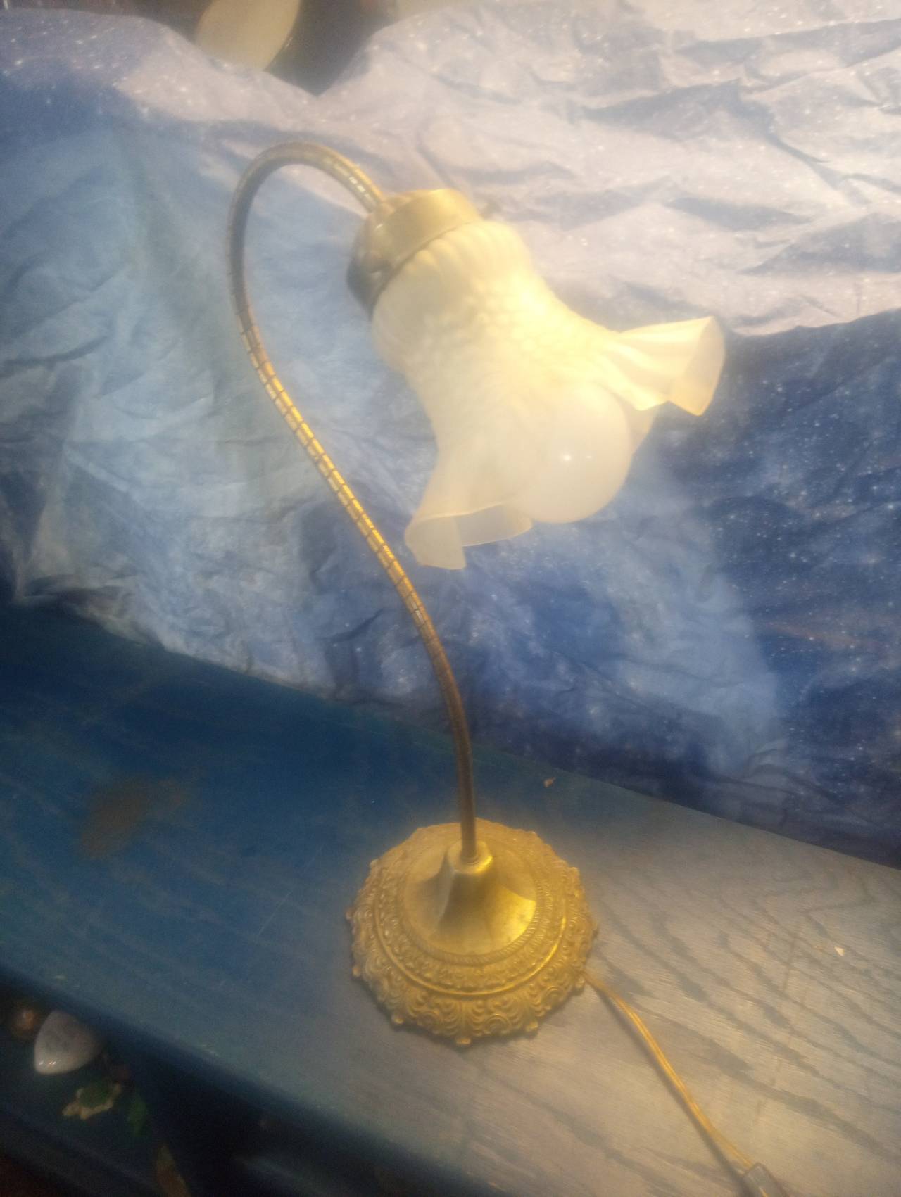 Vintage Brass Gooseneck Lamp with Frosted Tulip Shade