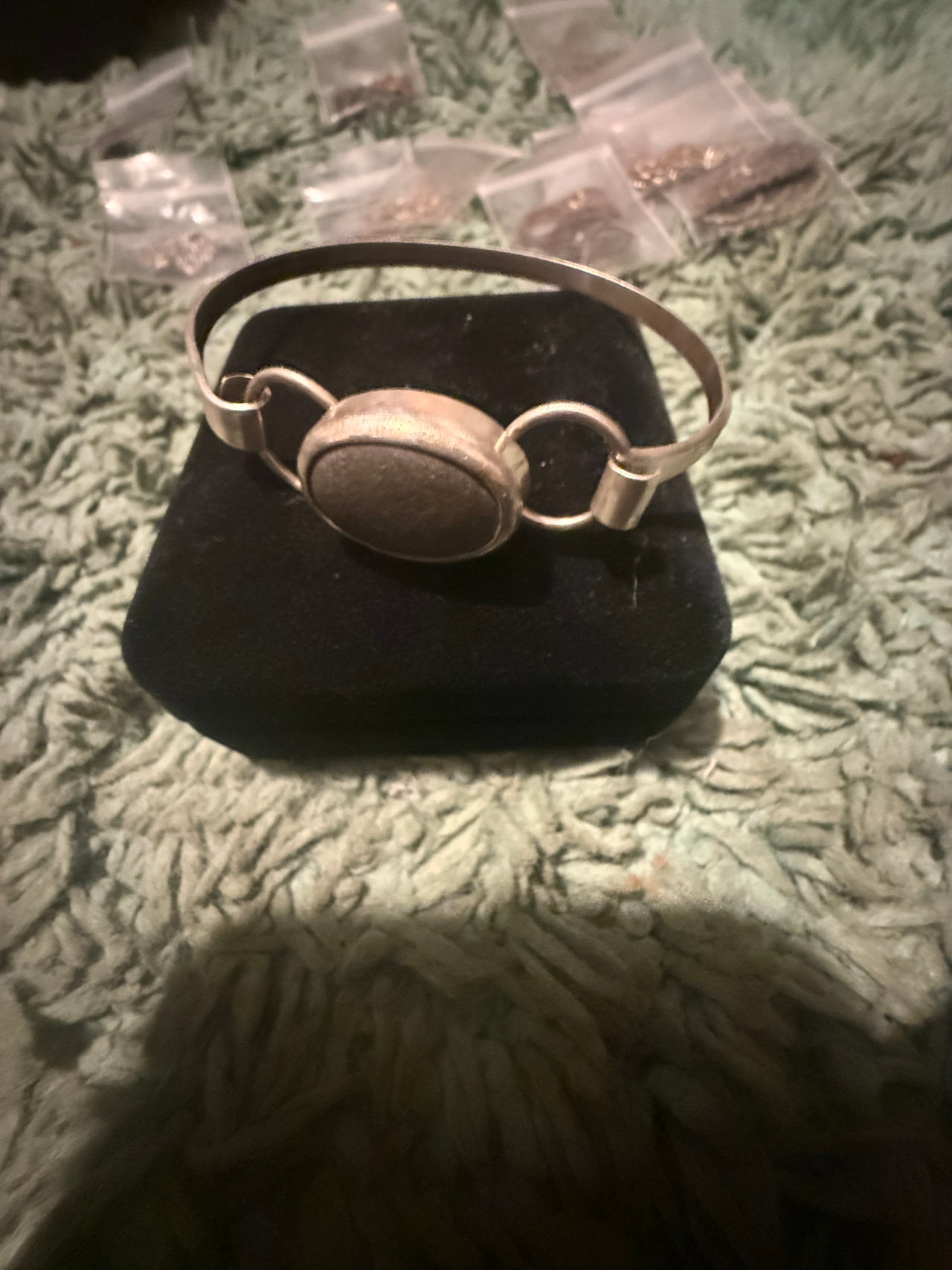 Vintage Silver Tone Oval Stone Cuff Bracelet