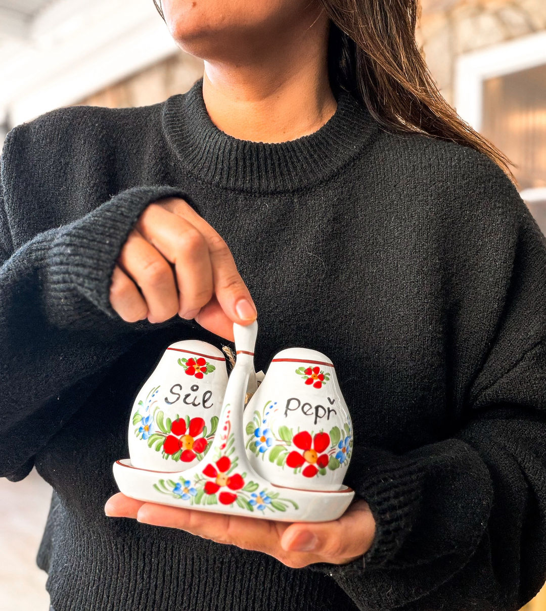 Vintage Czech Floral Salt and Pepper Shaker Set with Tray