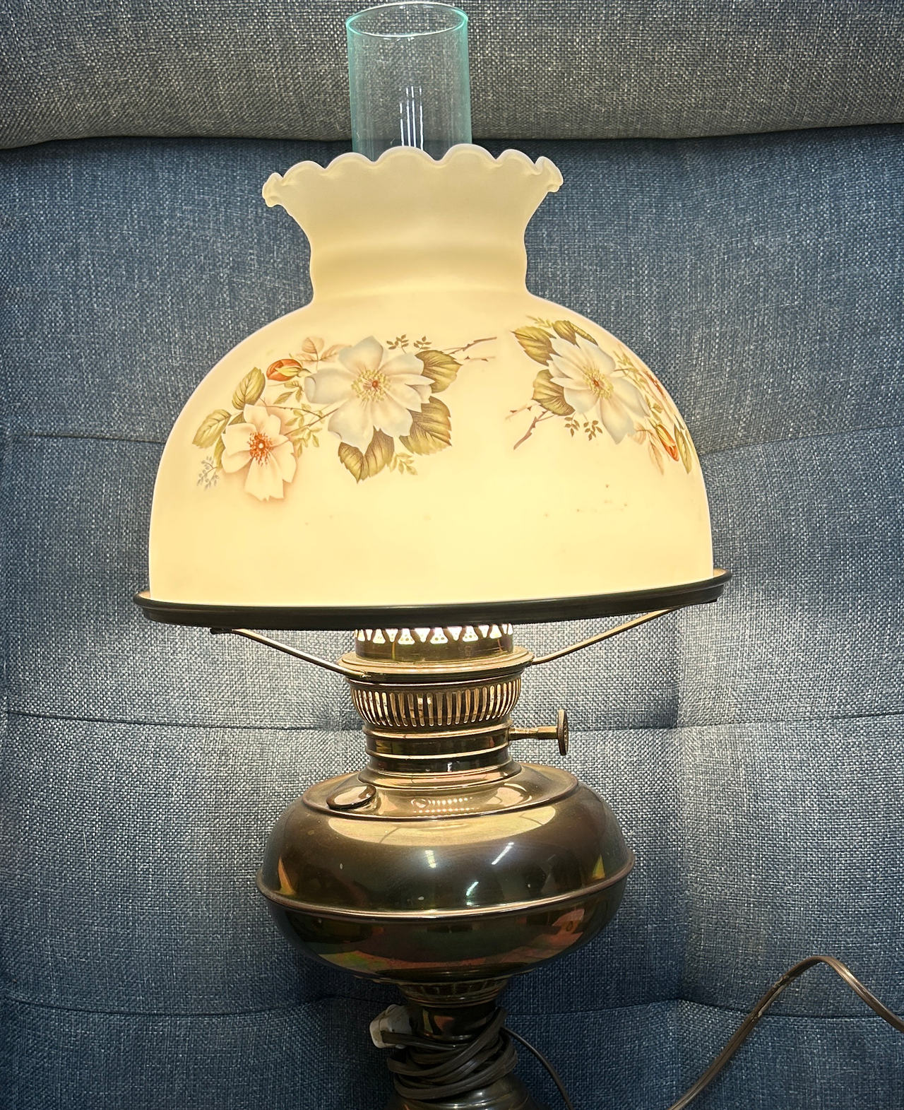 Vintage Brass Hurricane Lamp with Floral Shade