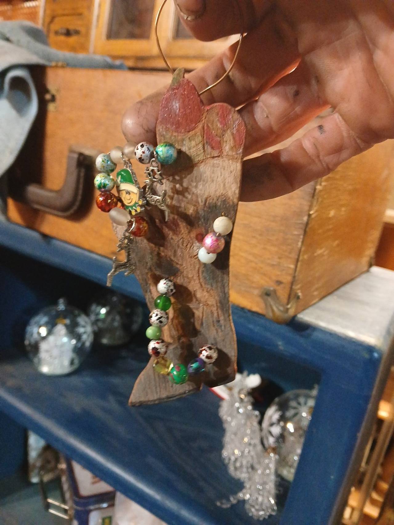 Handmade Wood Bark Christmas Ornament with Beads and Charms