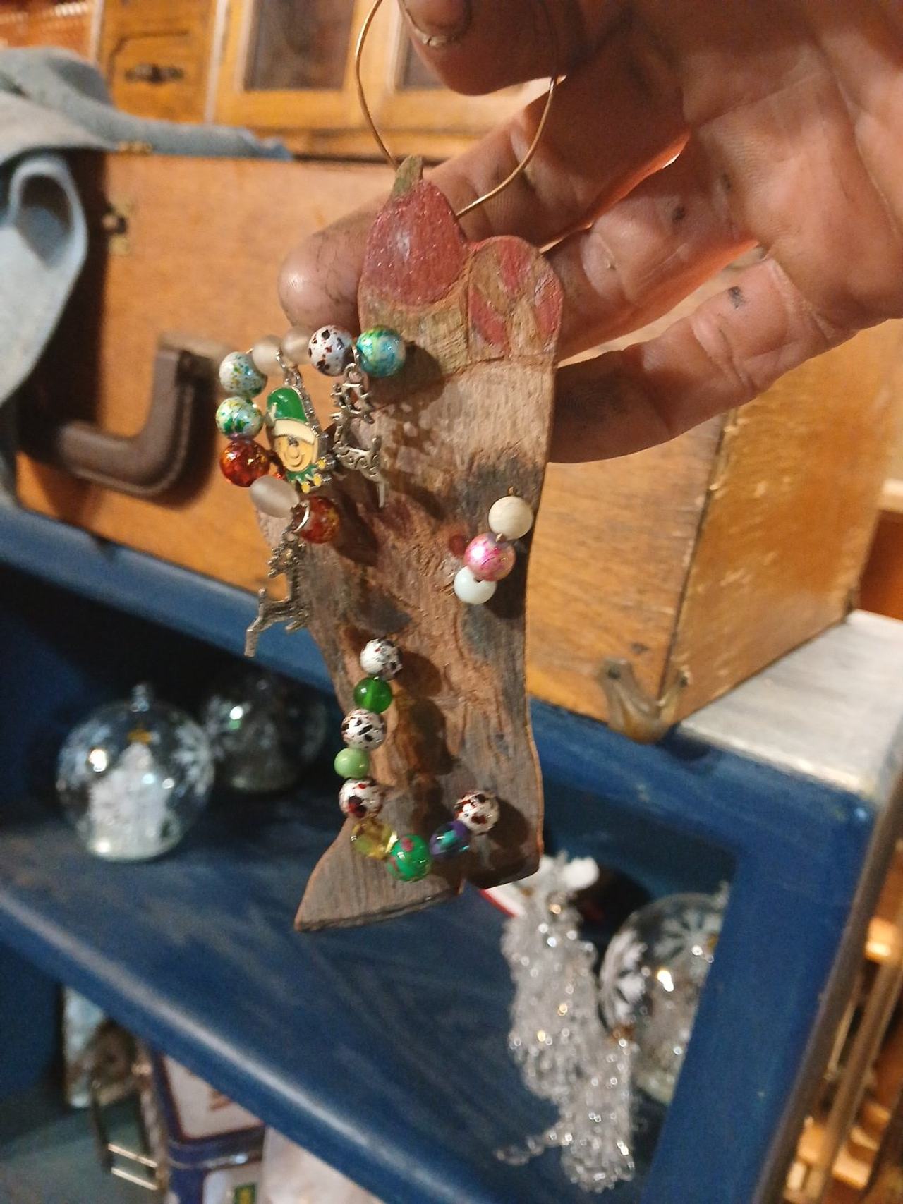 Handmade Wood Bark Christmas Ornament with Beads and Charms