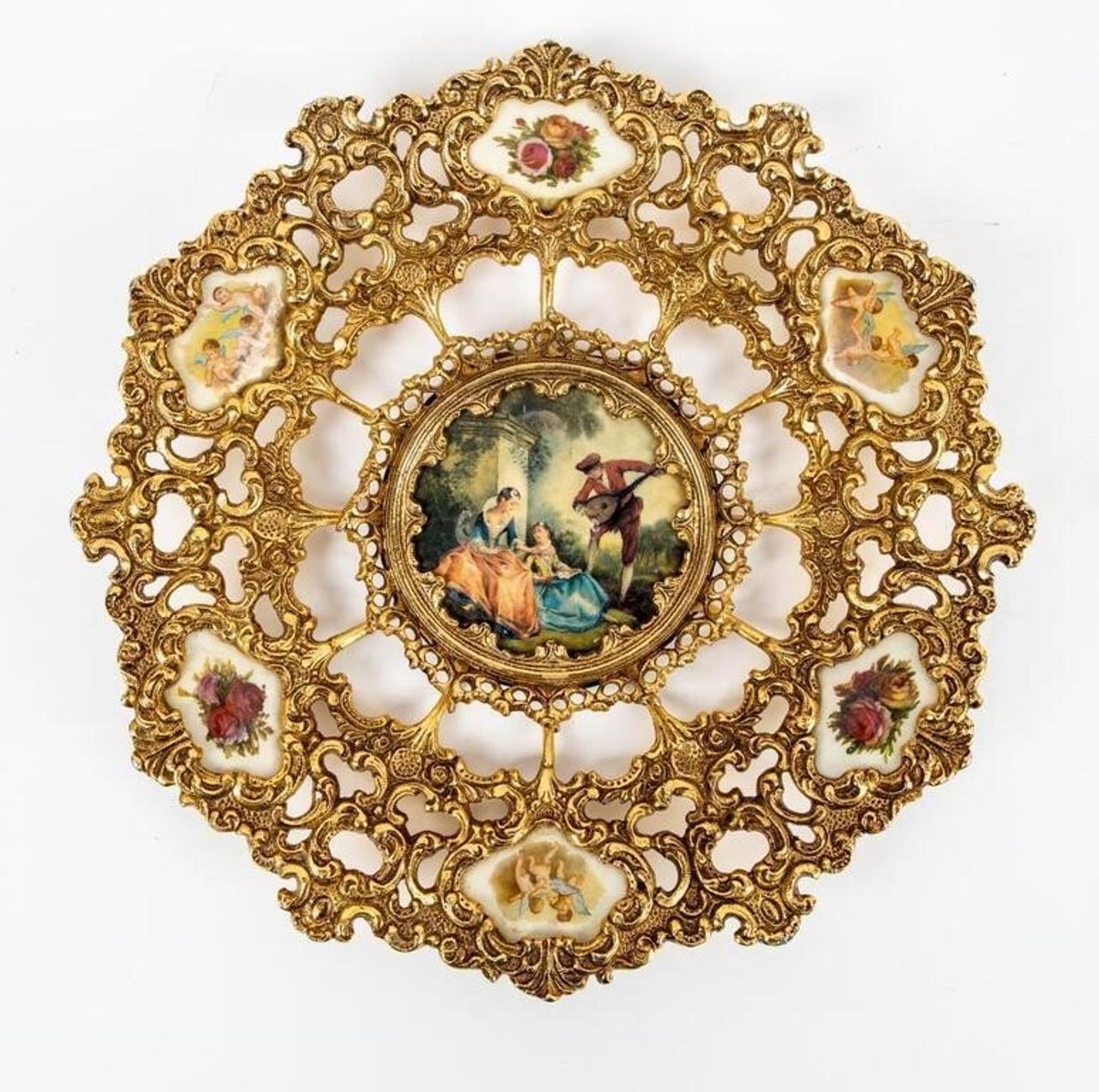 Vintage Ornate Gilt Metal and Enamel Wall Plaque with Fragonard Style Scenes