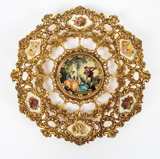 Vintage Ornate Gilt Metal and Enamel Wall Plaque with Fragonard Style Scenes - Image 1