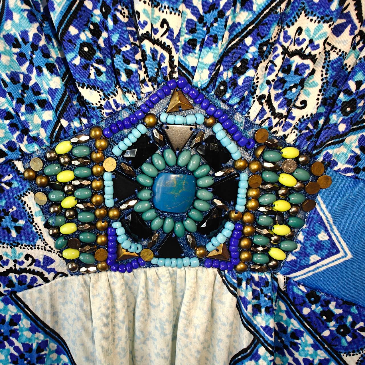 New direction sz L Blue Geometric Print Maxi Dress beaded accent v neck