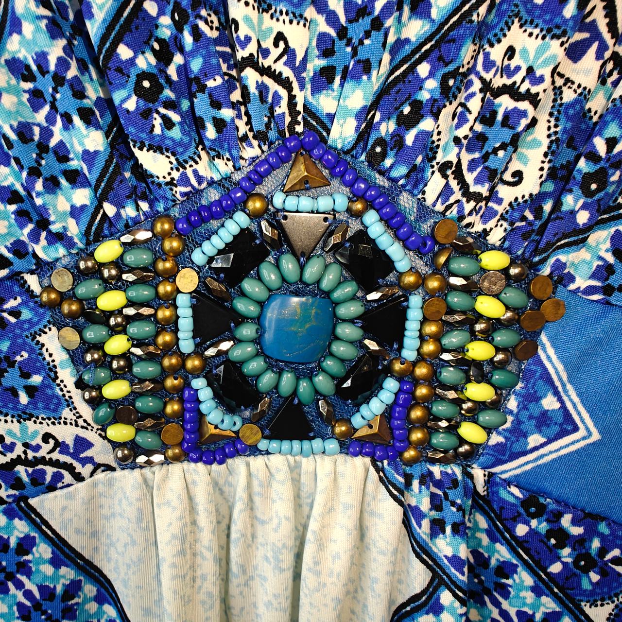 New direction sz L Blue Geometric Print Maxi Dress beaded accent v neck