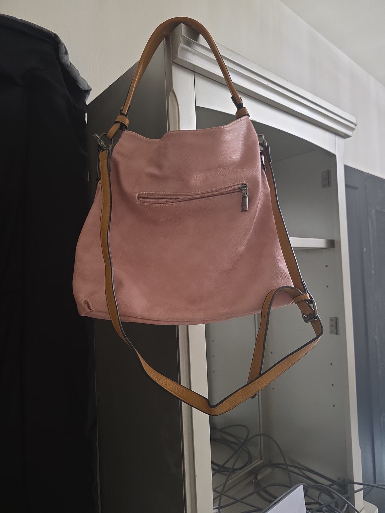 Pink Faux Leather Hobo Bag with Tan Straps