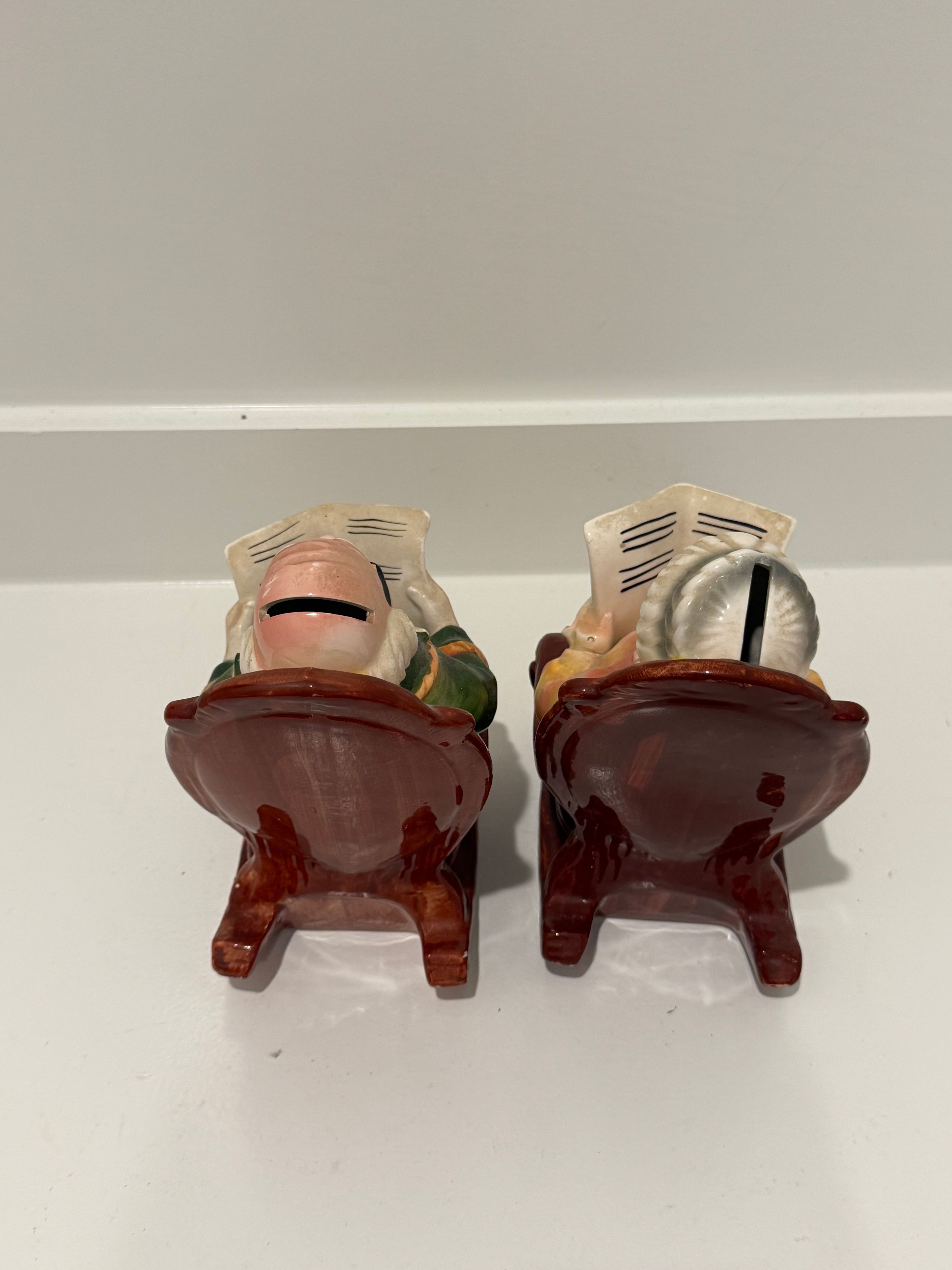 Vintage Ceramic Old Couple Rocking Chair Retirement Fund Coin Banks - Image 4