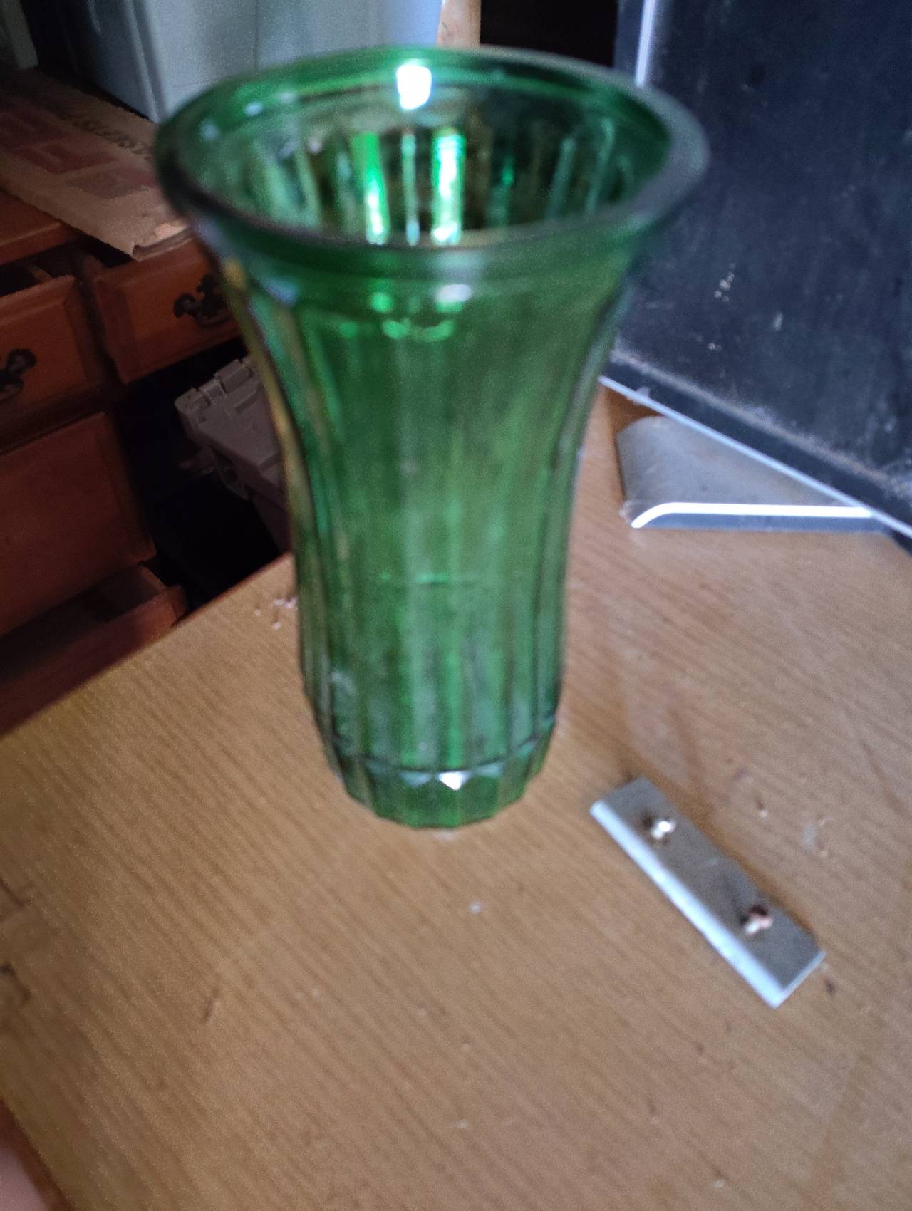 Vintage Green Ribbed Glass Vase