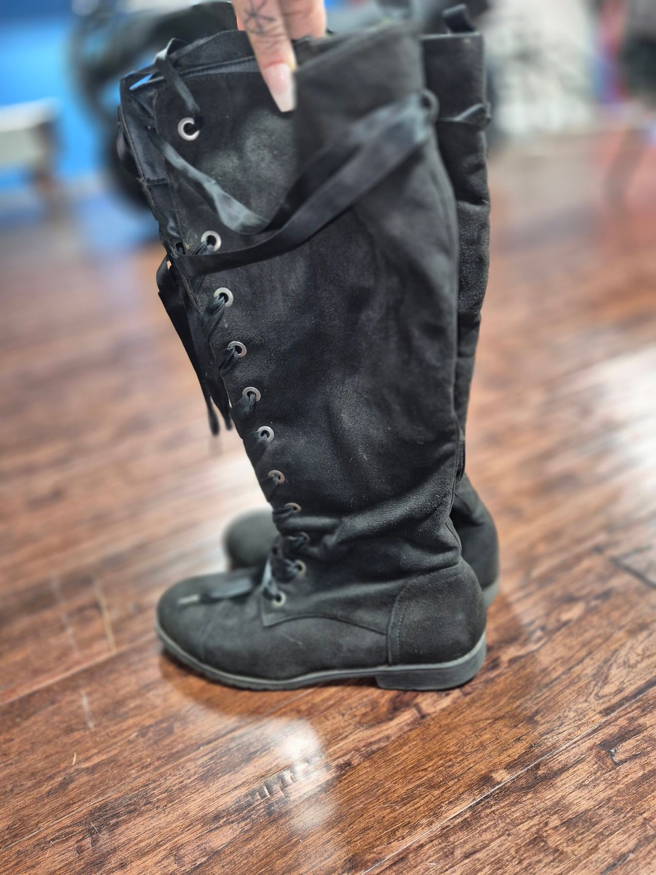 Women's Tall Black Lace-Up Ribbon Boots