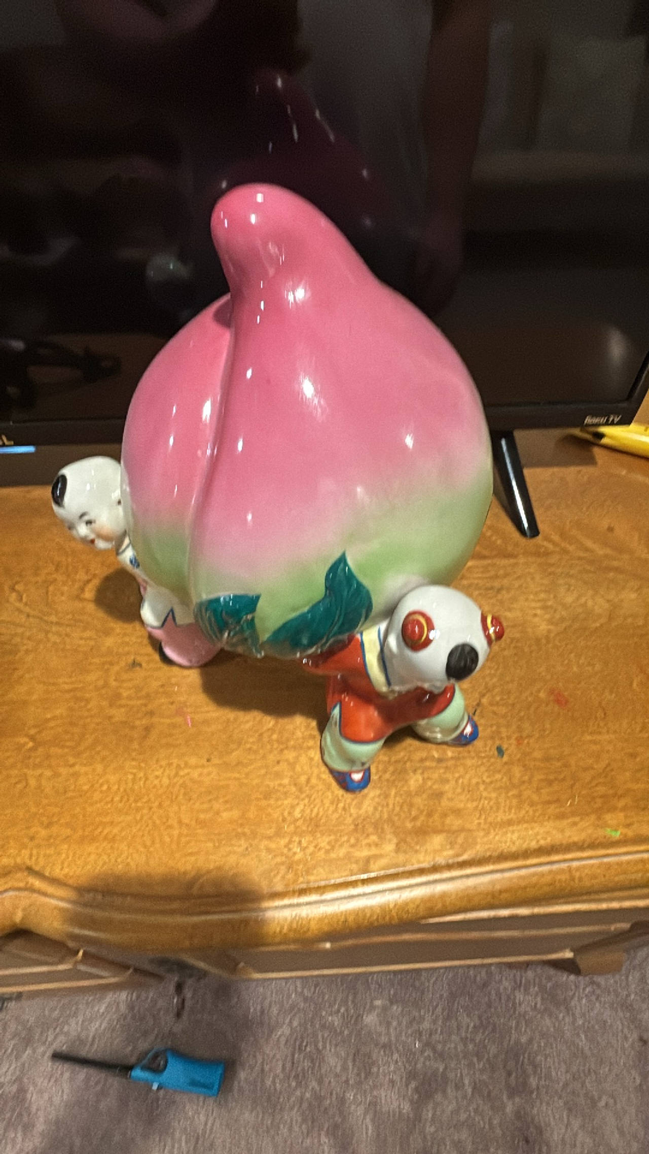 Vintage Chinese Peach and Panda Ceramic Figurine