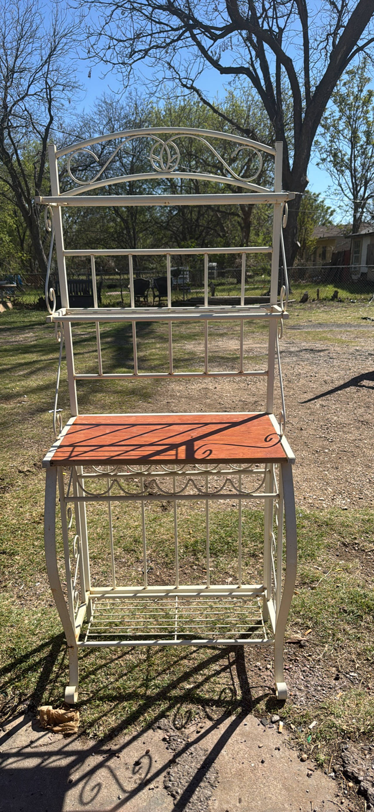 White Metal Baker's Rack with Wood Top and Wine Rack