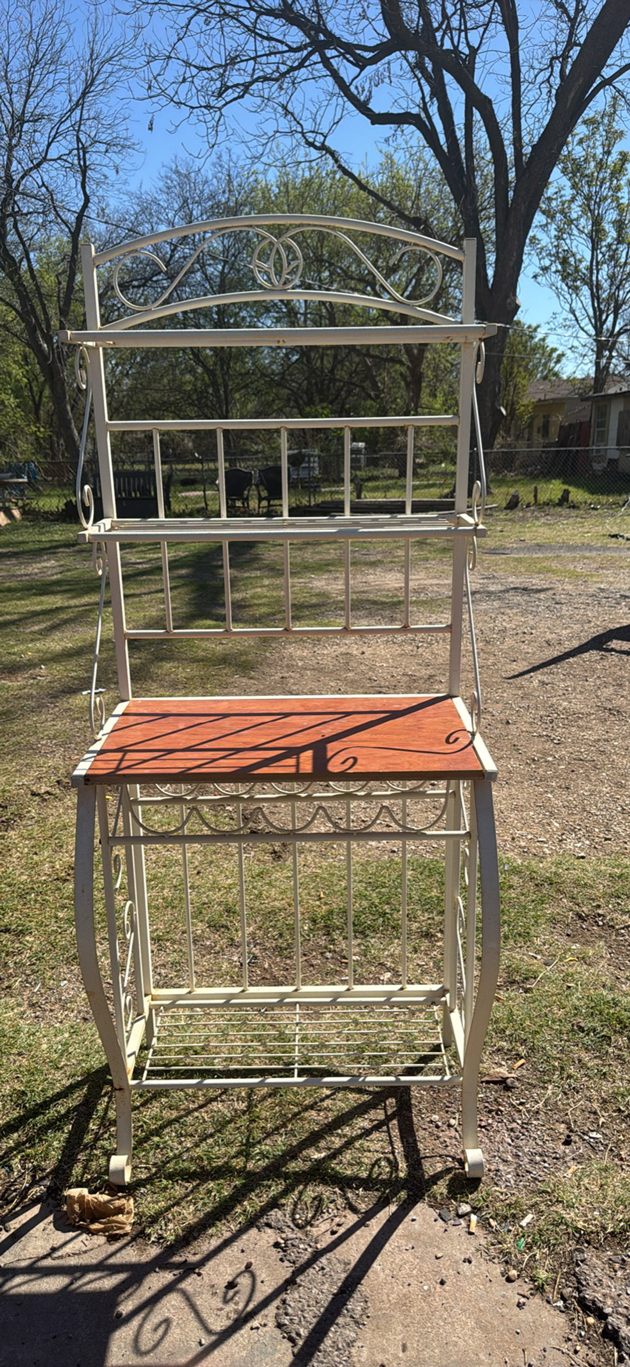 White Metal Baker's Rack with Wood Top and Wine Rack