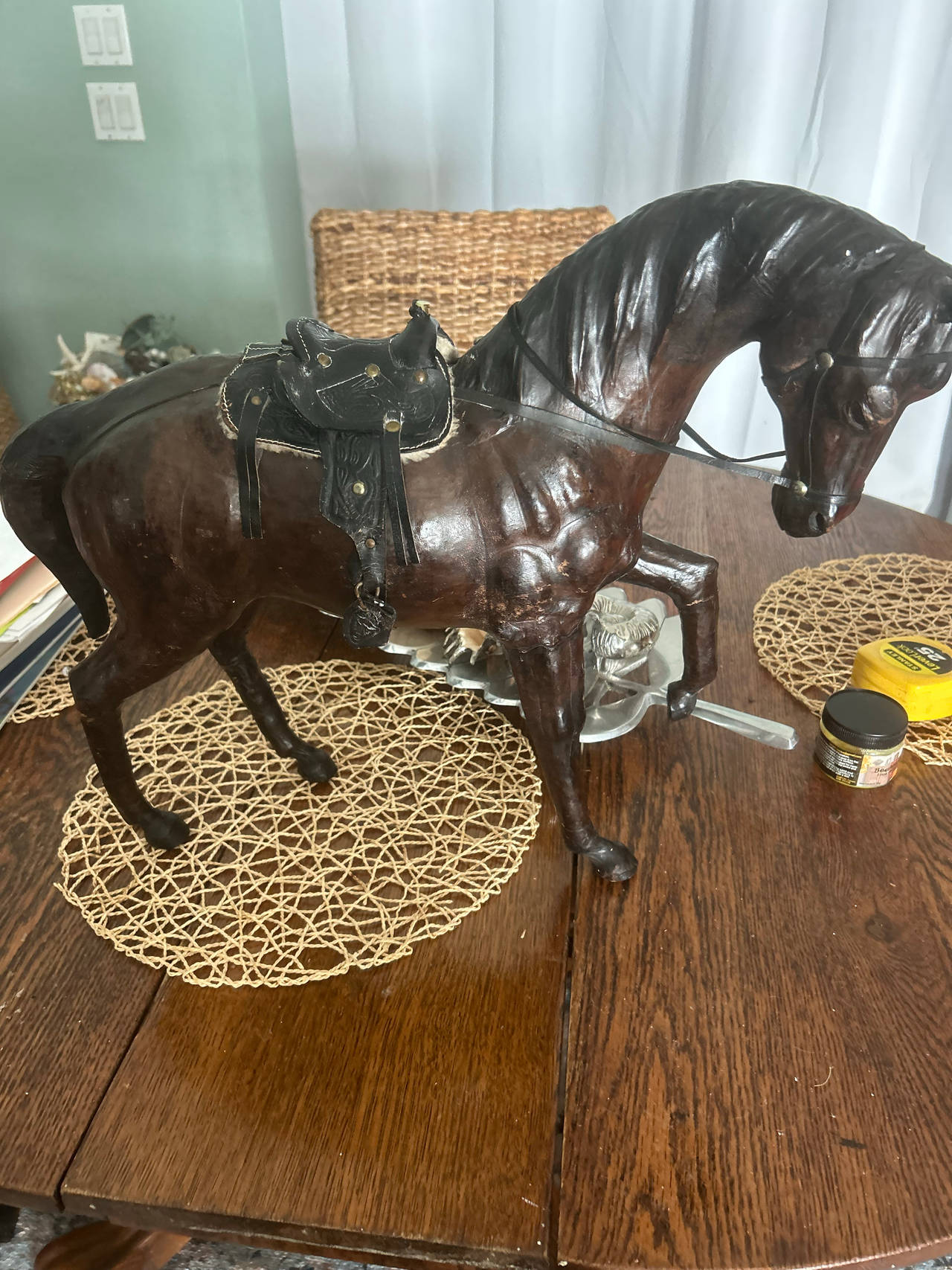 Vintage Leather Wrapped Horse Statue with Western Saddle