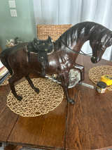 Vintage Leather Wrapped Horse Statue with Western Saddle - Image 1