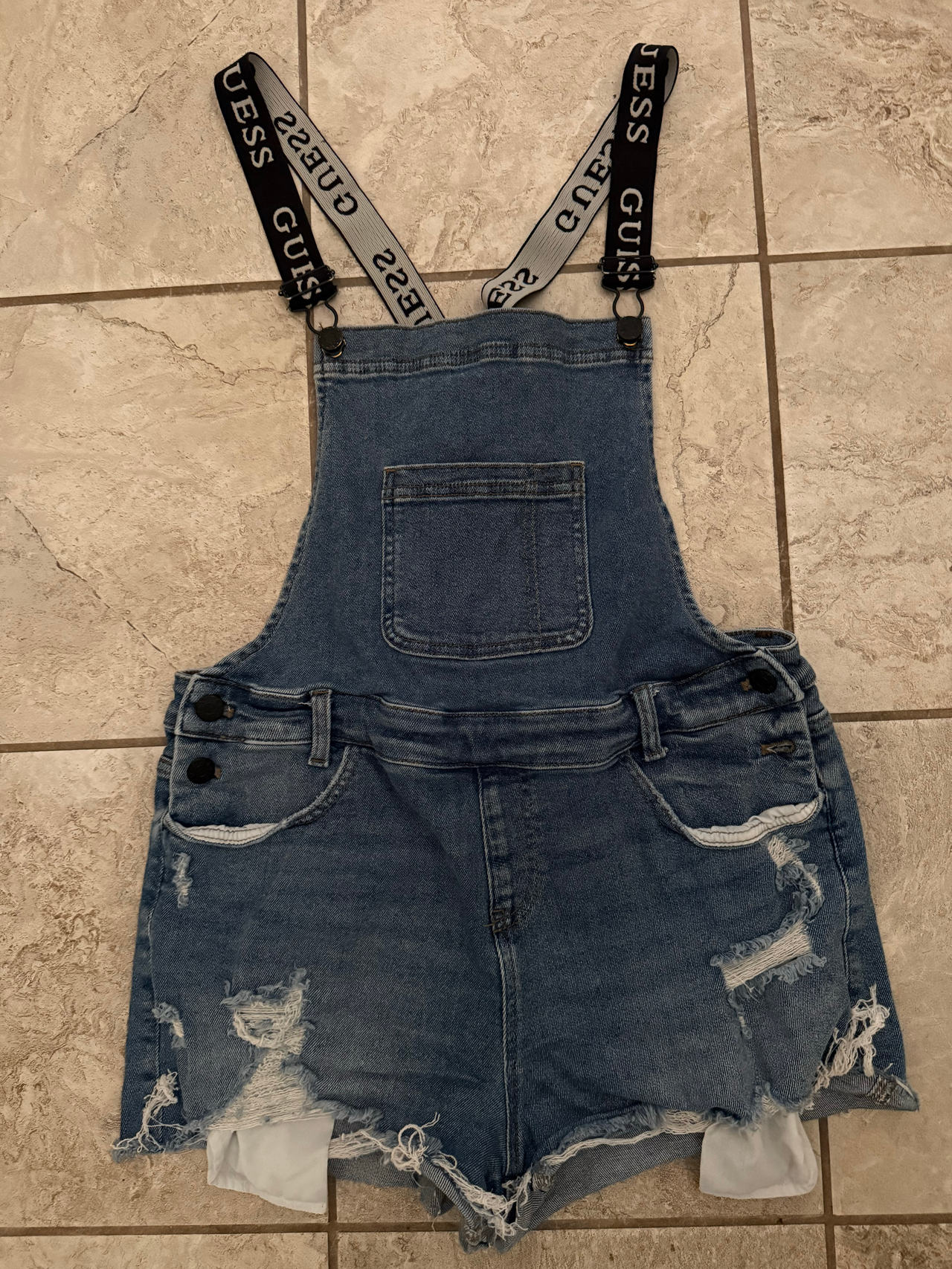 Guess Logo Strap Distressed Denim Shortalls