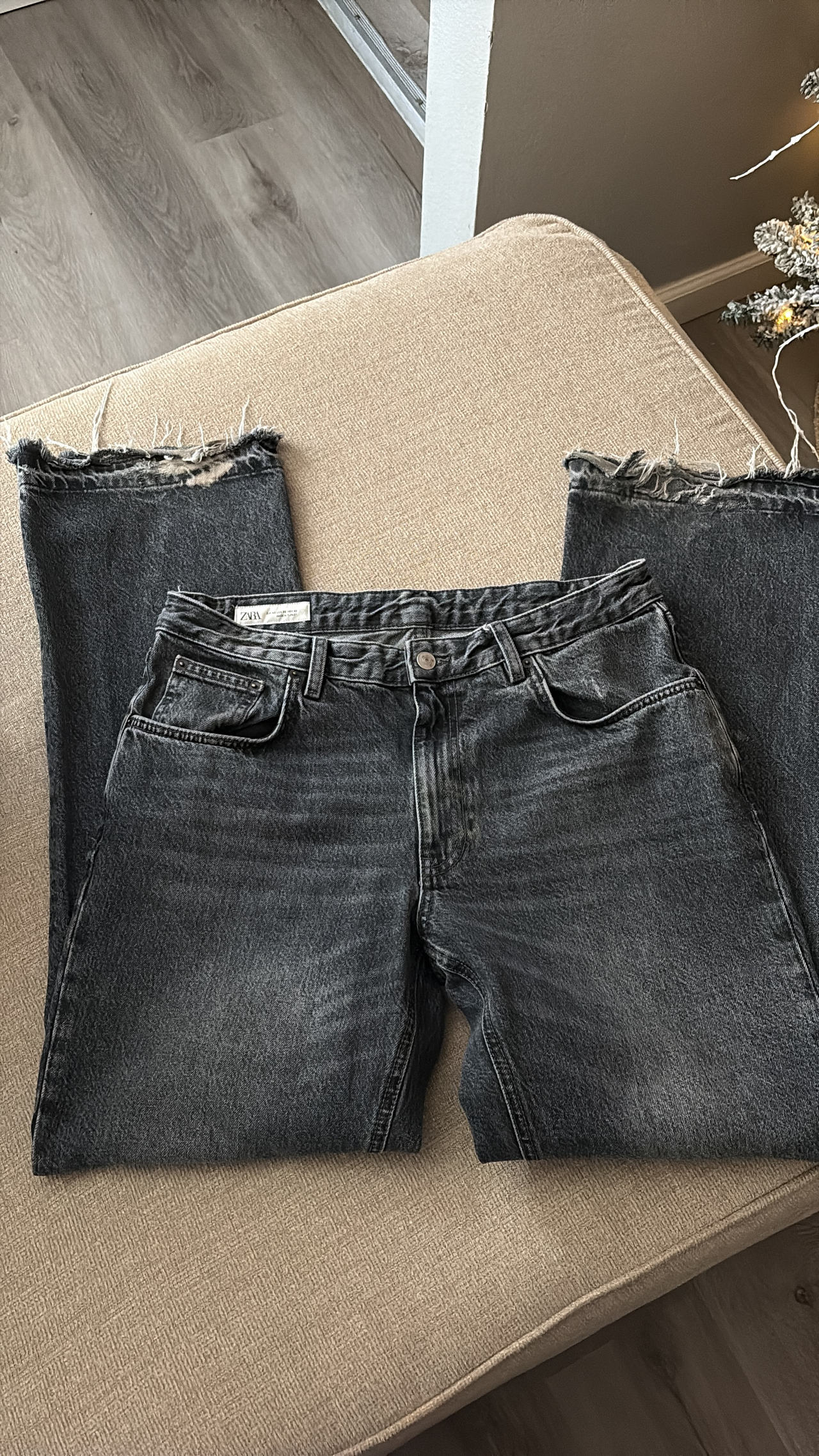 Zara High Waisted Straight Leg Jeans with Raw Hem