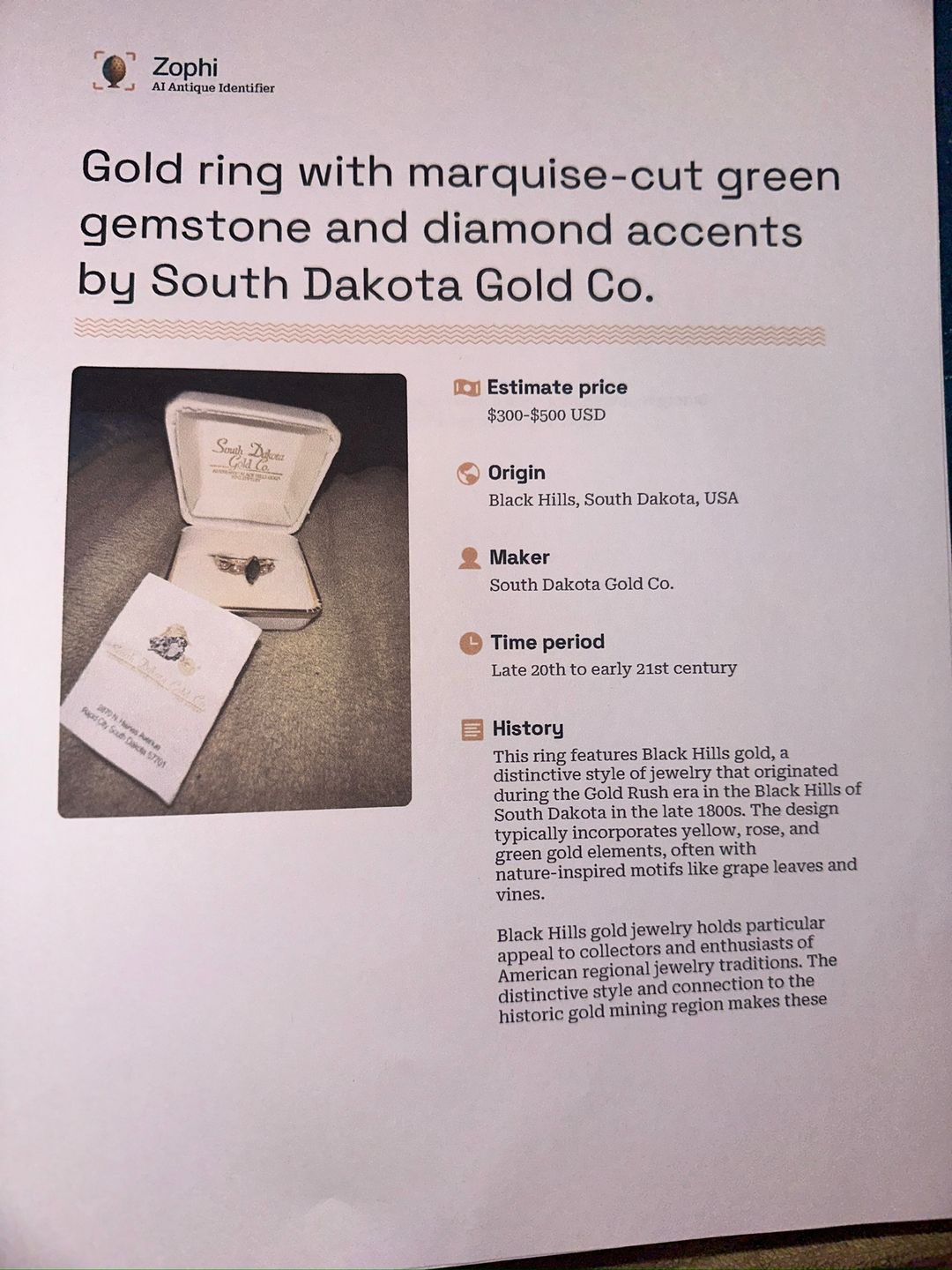 South Dakota Gold Co. Black Hills Gold Ring with Marquise Green Gemstone