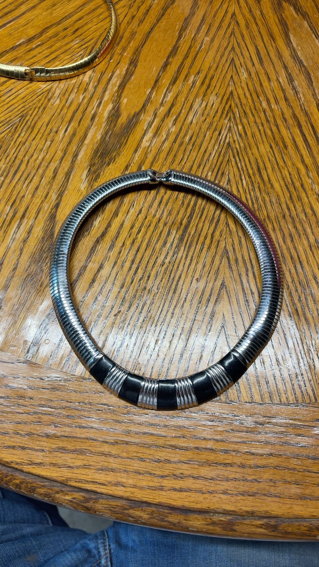 Monet Black Enamel Silver Tone Omega Collar Necklace