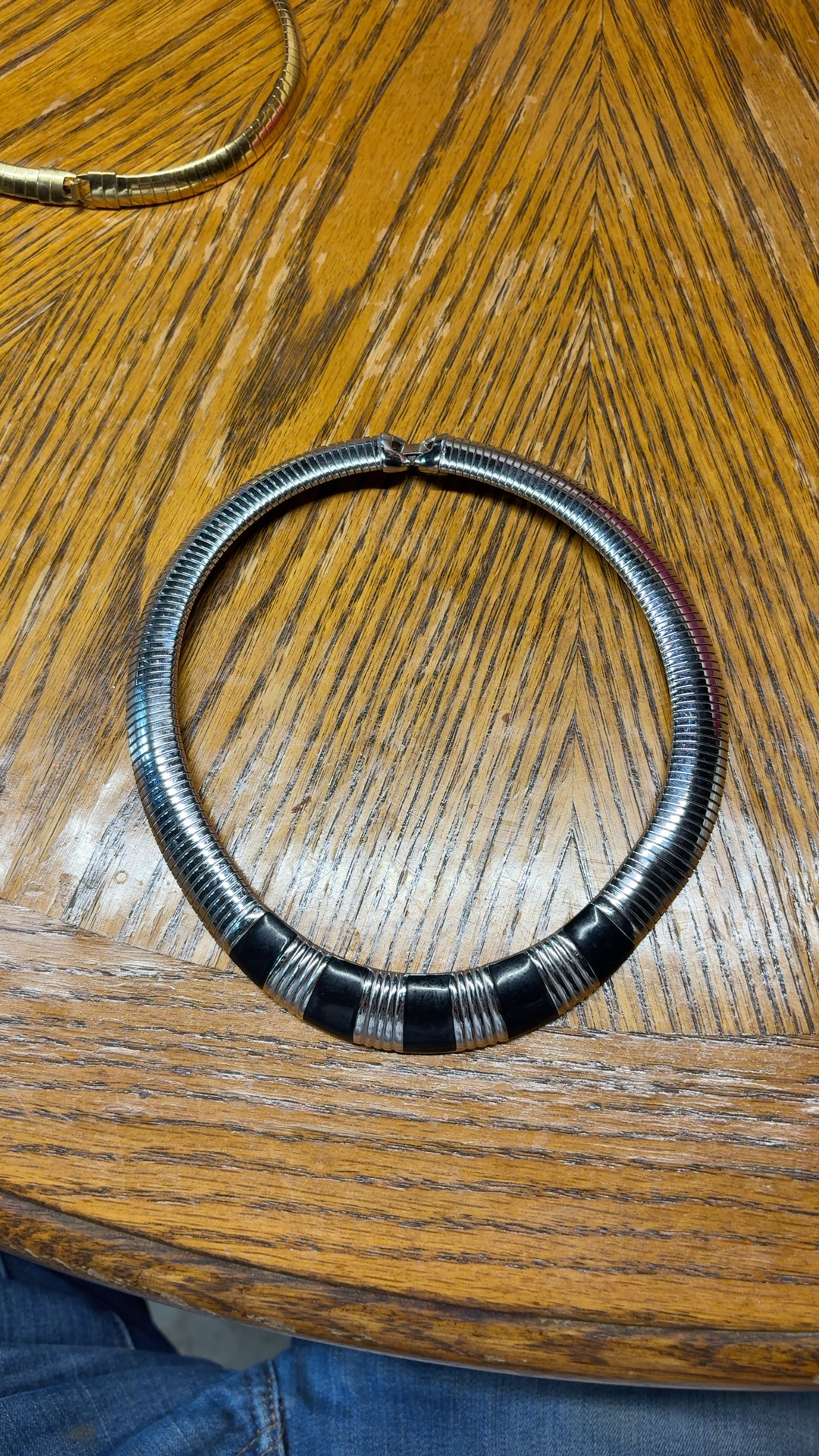 Monet Black Enamel Silver Tone Omega Collar Necklace