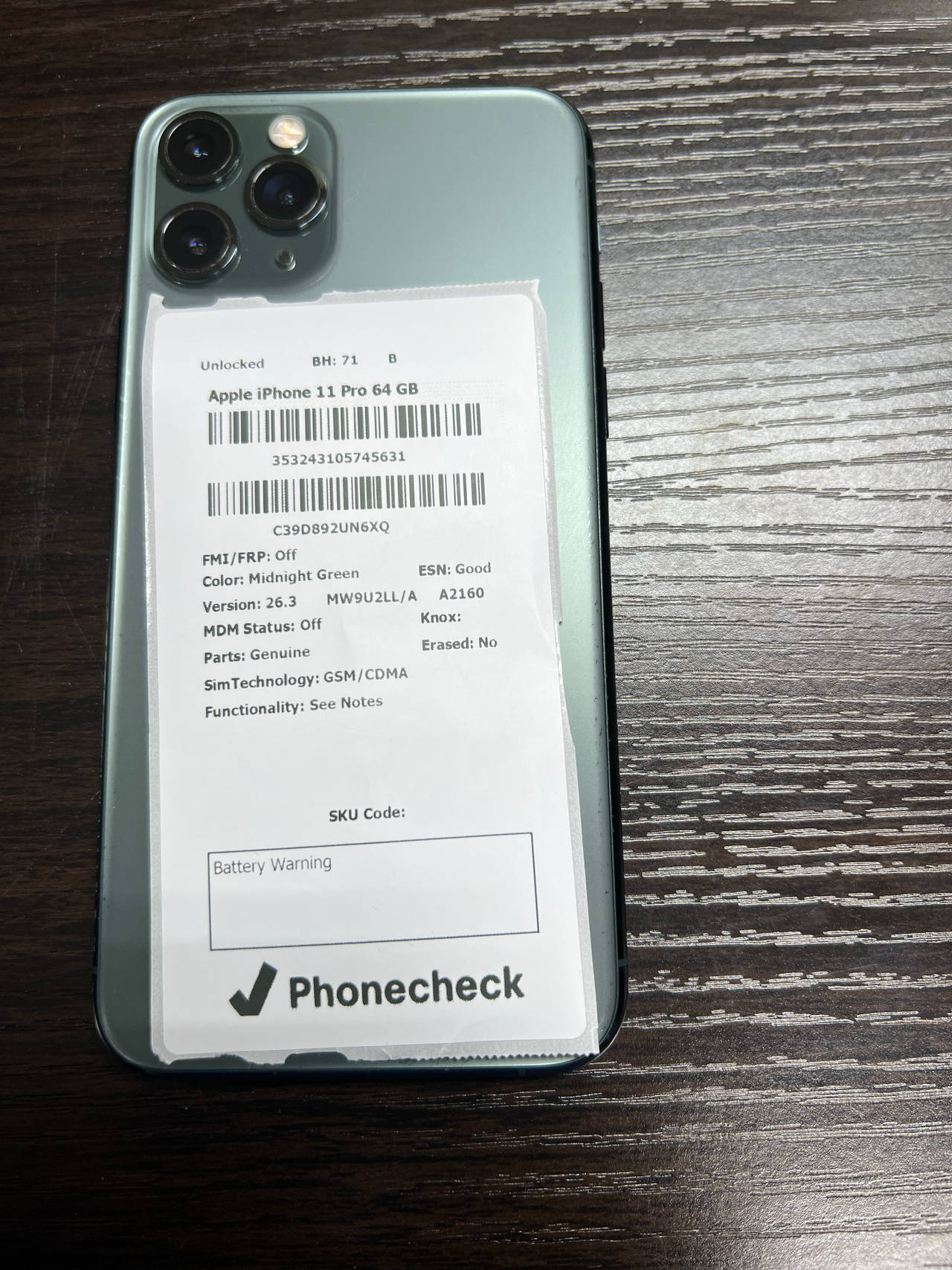 Apple iPhone 11 Pro 64GB Midnight Green unlocked BH 71 B