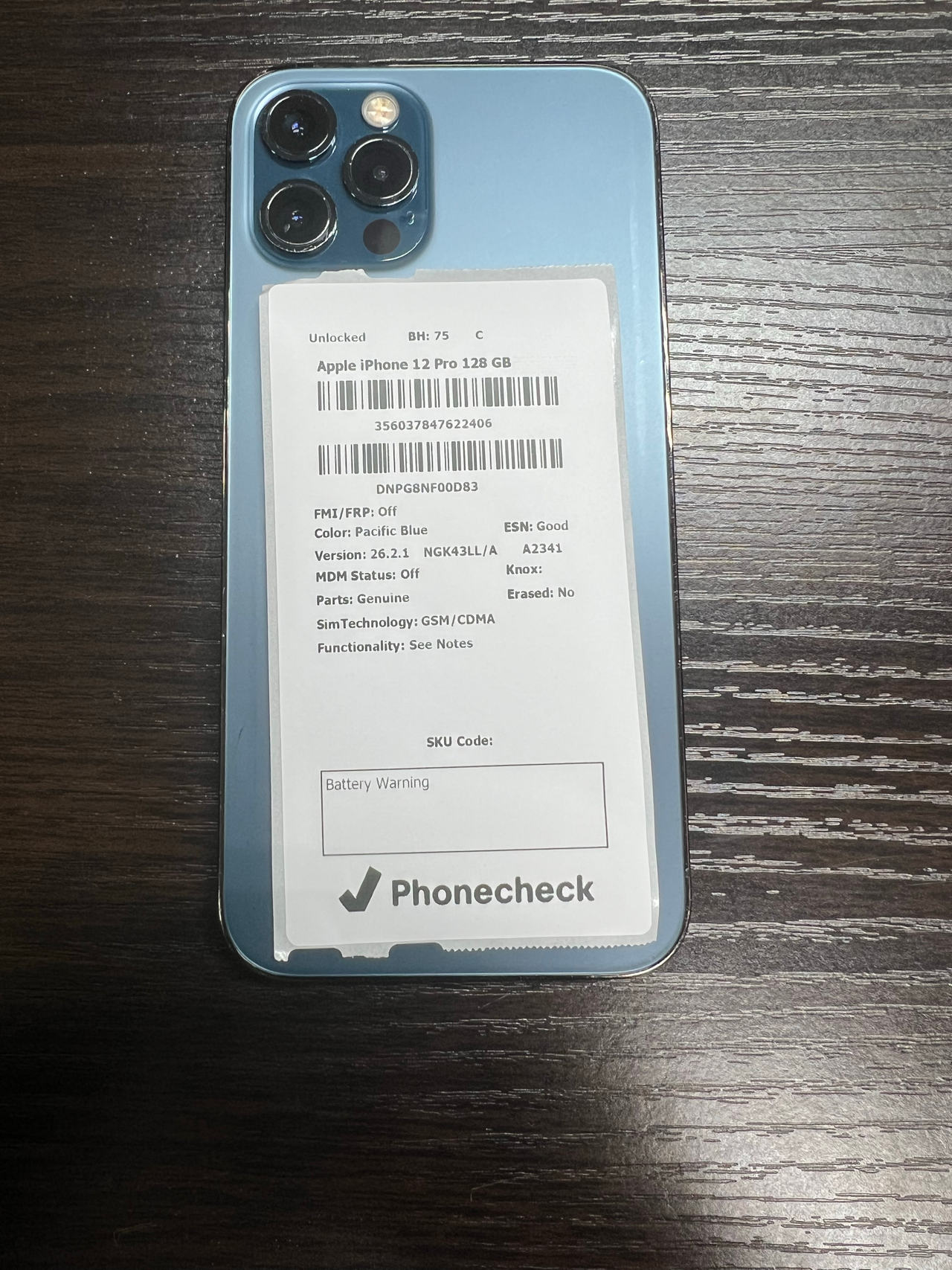 Apple iPhone 12 Pro 128 GB Pacific Blue unlocked BH 75% C