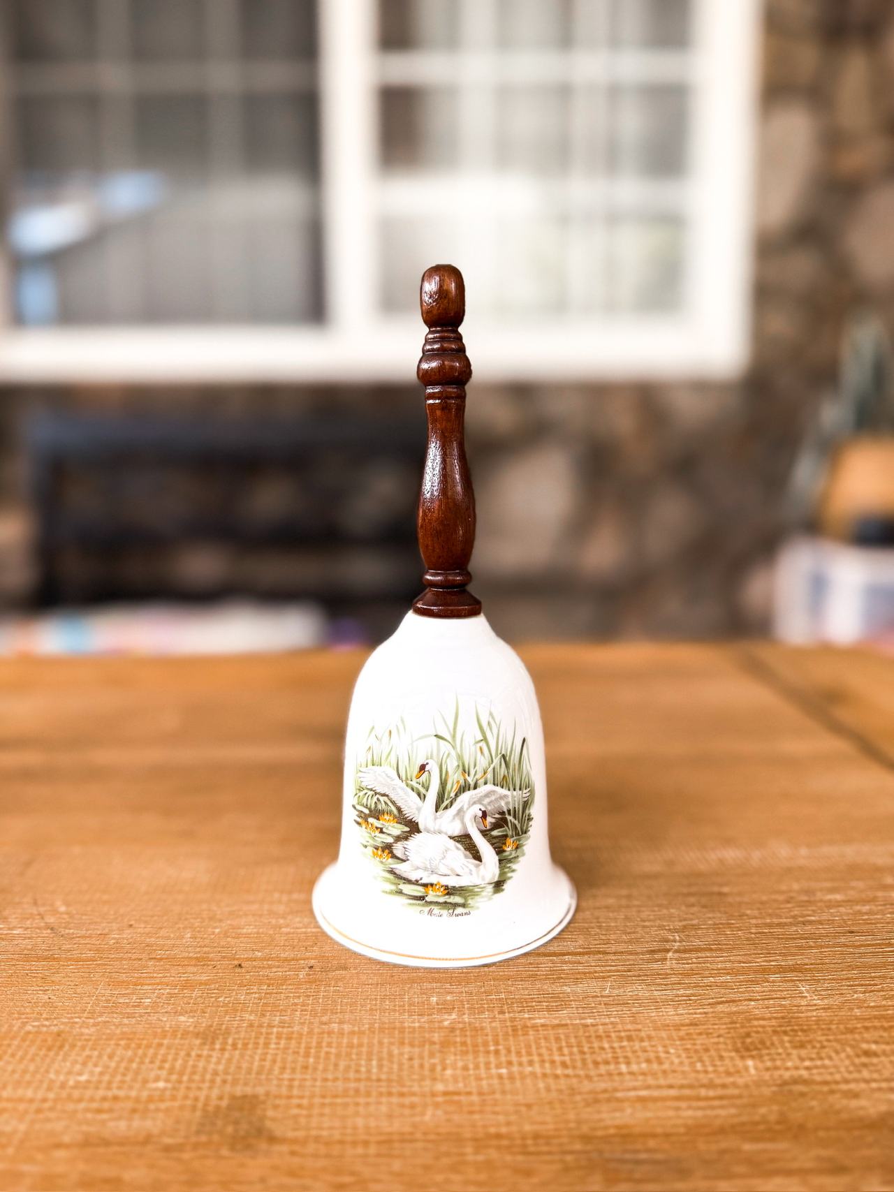 Danbury Mint Swan Porcelain Bell with Wood Handle
