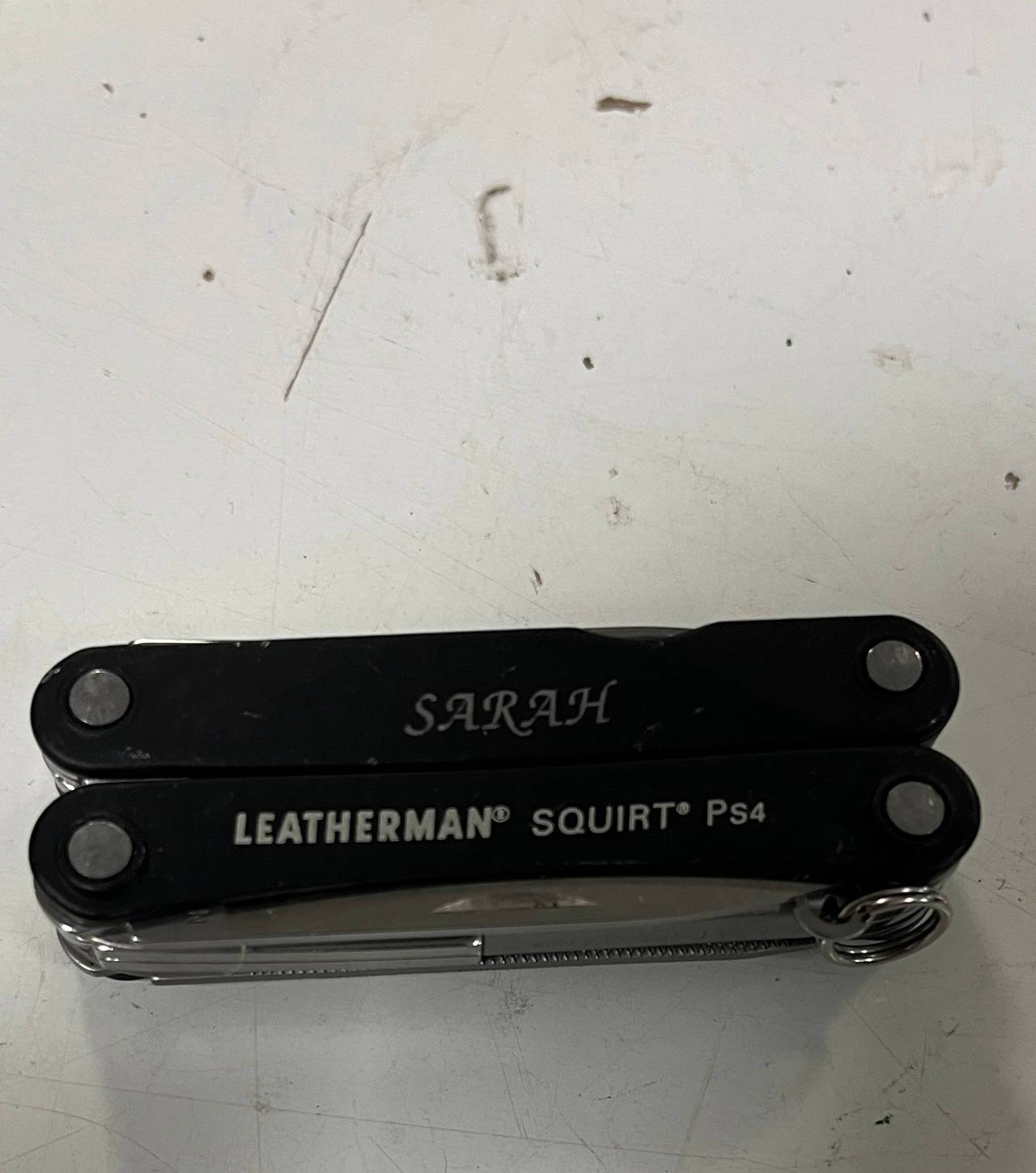 Leatherman Squirt PS4 Multi-Tool engraved with name Sarah
