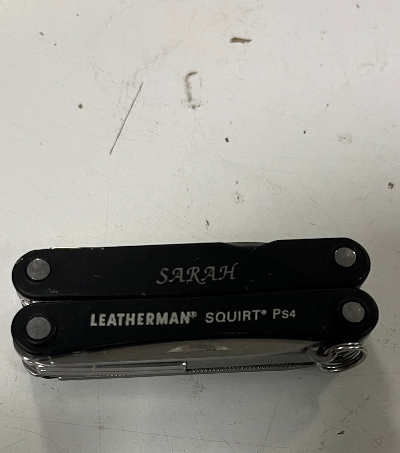 Leatherman Squirt PS4 Multi-Tool engraved with name Sarah