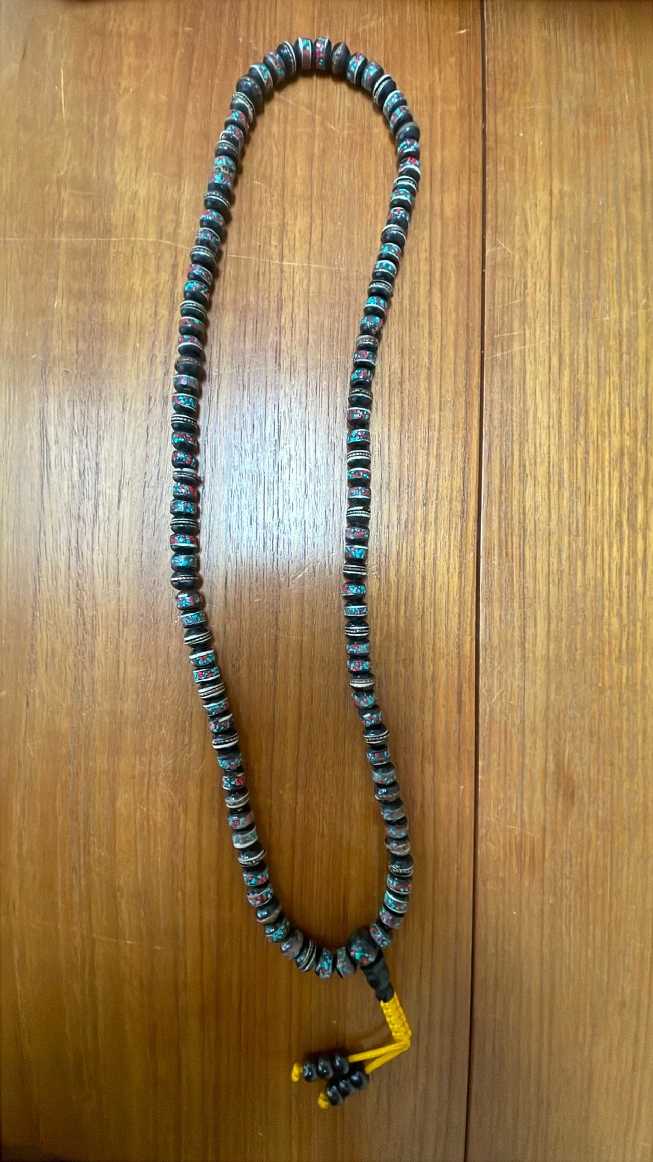 Tibetan Buddhist Inlaid Wood Mala Necklace