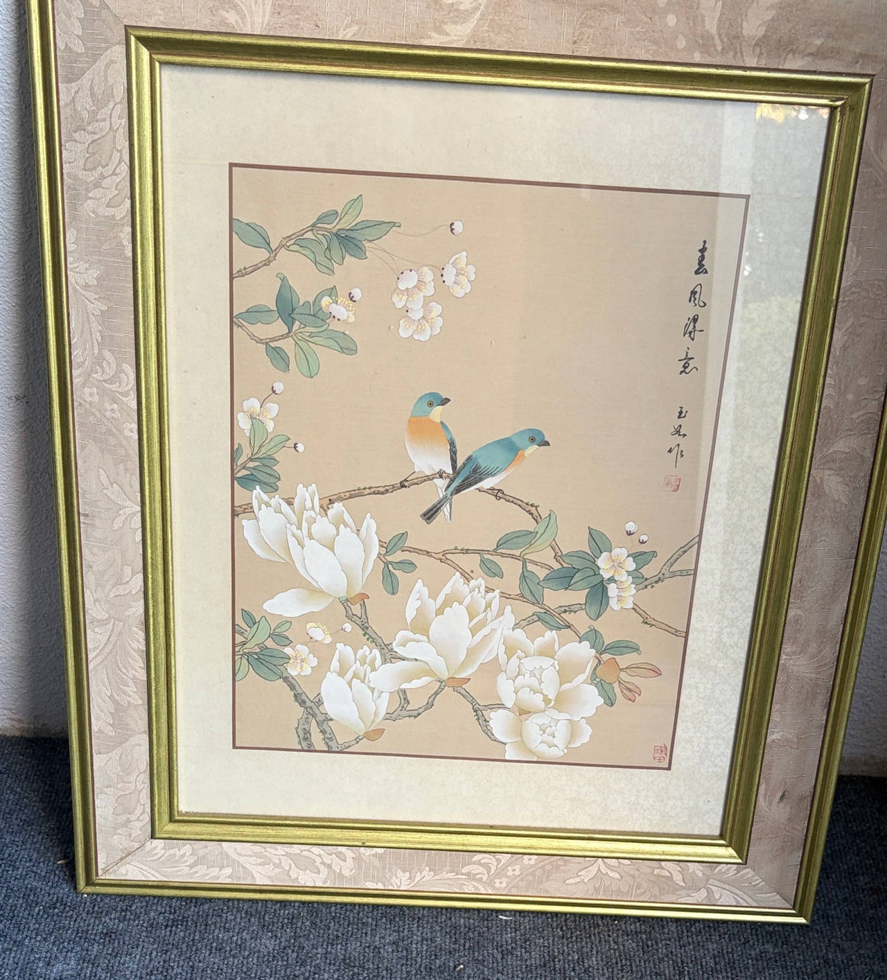 Framed Chinese Bird and Flower Silk Painting/Print