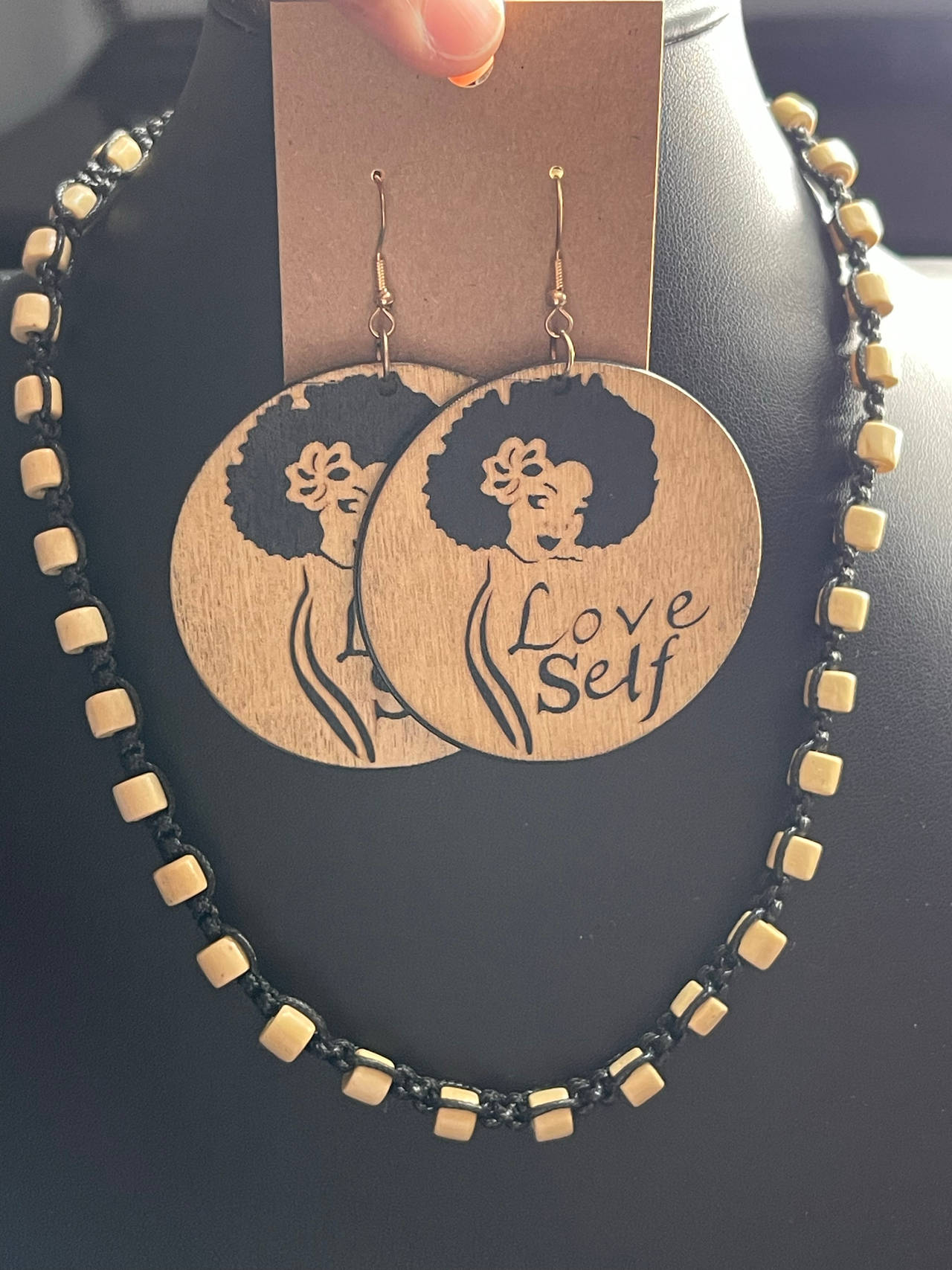 Wooden 'Love Self' Earrings and Beaded Necklace Set