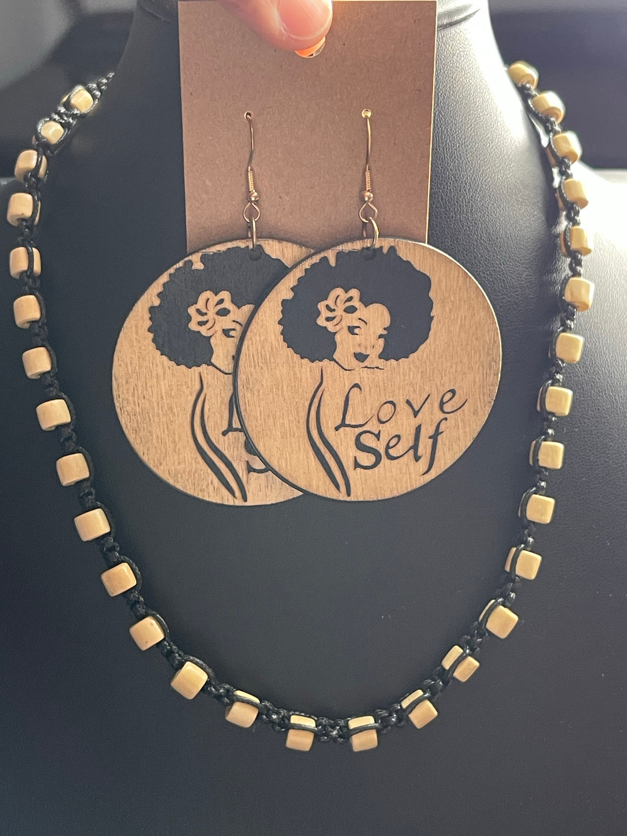 Wooden 'Love Self' Earrings and Beaded Necklace Set