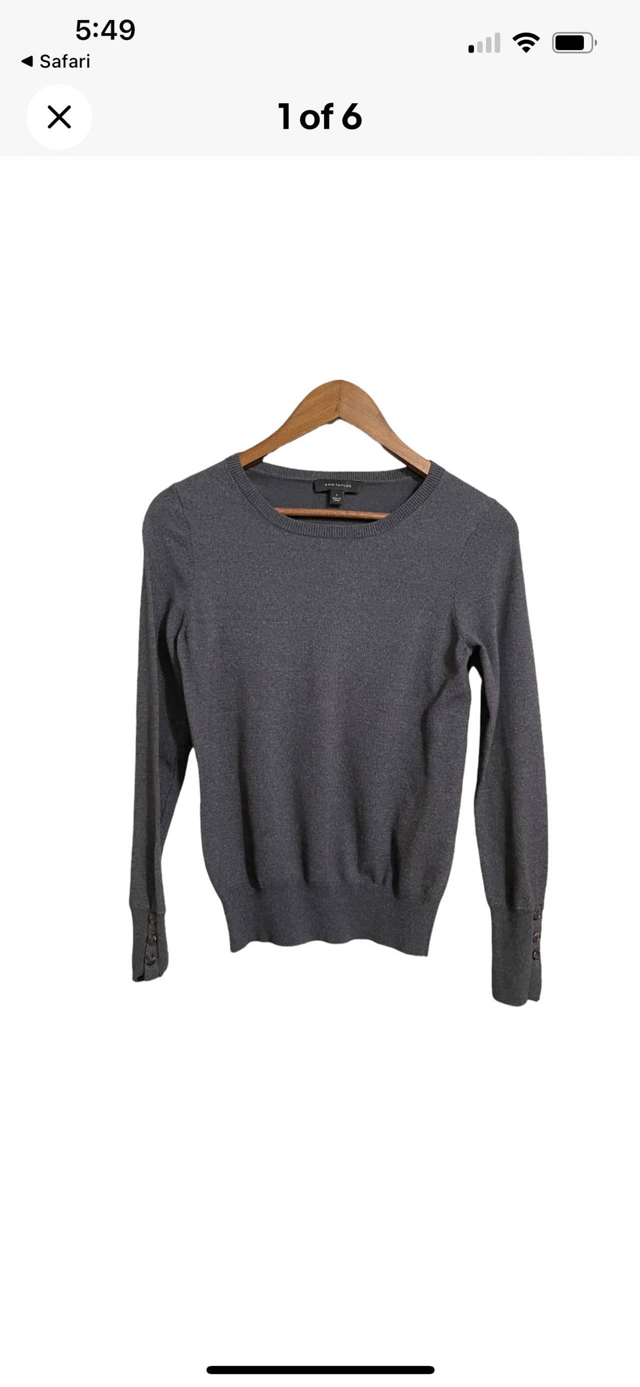 Ann Taylor Women's Gray Ribbed Button Cuff Round Neck Long Sleeve Sweater 